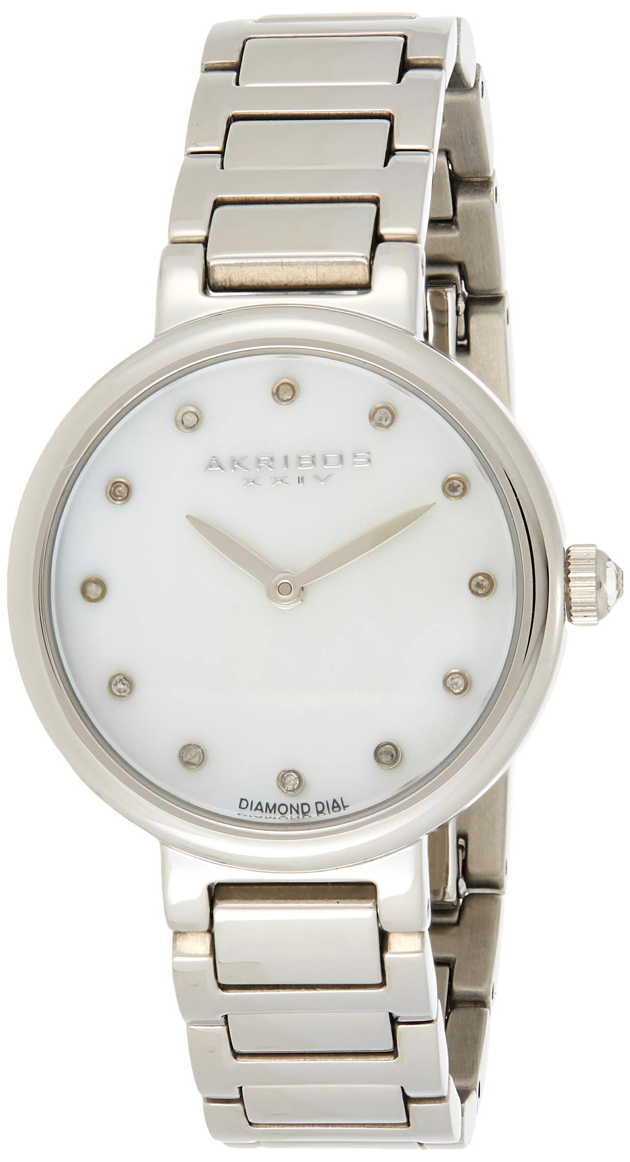 Akribos XXIV Women's Round White Mother of Pearl Watch with 12 Diamond Hour Markers - Stainless Steel Bracelet - Elegant Dress Watch for Women - Perfect for Formal Events, Office Wear & Special Occasions - AK877