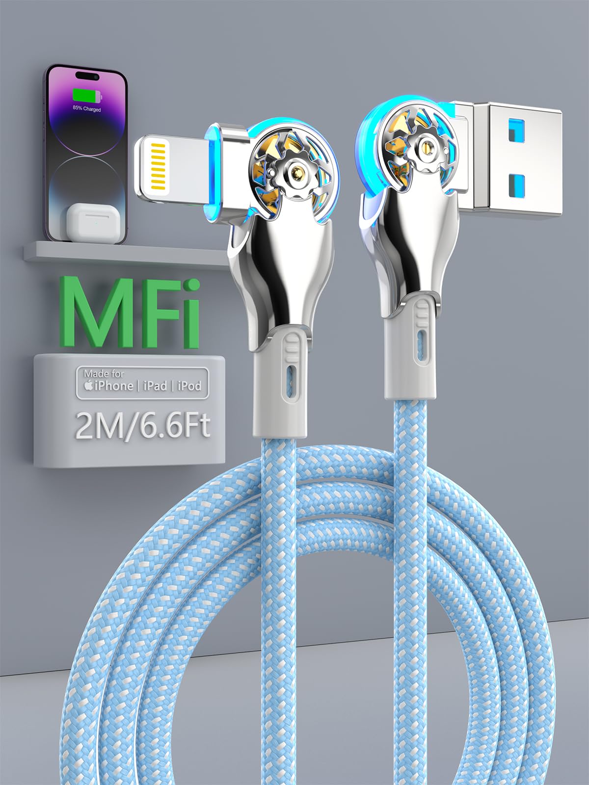 Apple MFi Certified 180 Degree Rotating Lightning Cable - 6FT Nylon Braided Fast Charging USB A to Lightning Cable for iPhone 14/13/12/11/XR/X - Perfect for Home, Office & Travel Charging