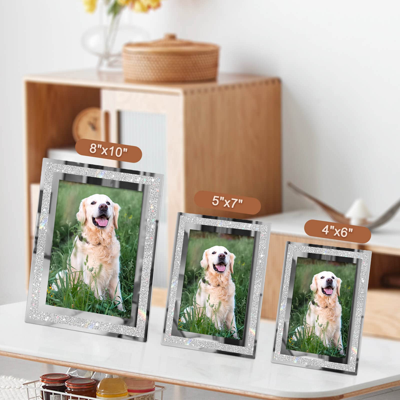 IZIDDO 8x10 Glitter Photo Frames Set of 2 - Silver Glass Tabletop Display for Graduation Gifts & Home Decor