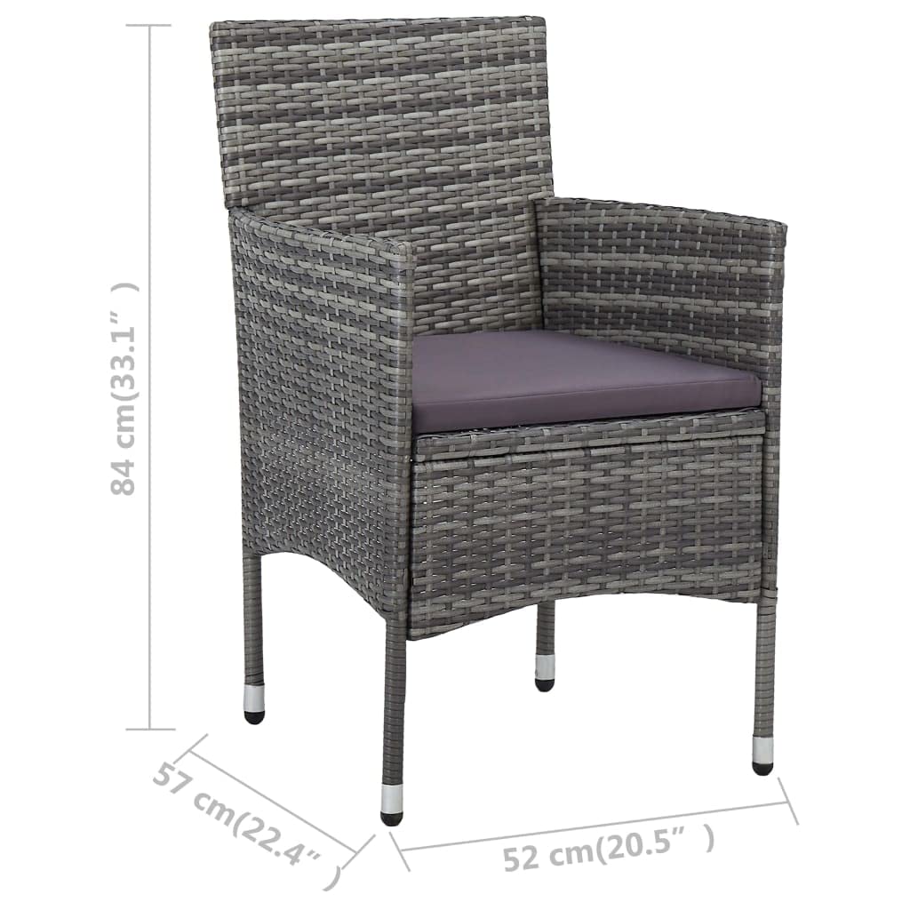 vidaXL 3-Piece Patio Bistro Set - Outdoor Bistro Table with 2 Chairs, Modern Poly Rattan & Tempered Glass Furniture for Porch, Deck, Garden or Balcony - Gray Contemporary Dining Set for Coffee, Breakfast and Relaxing Outdoors