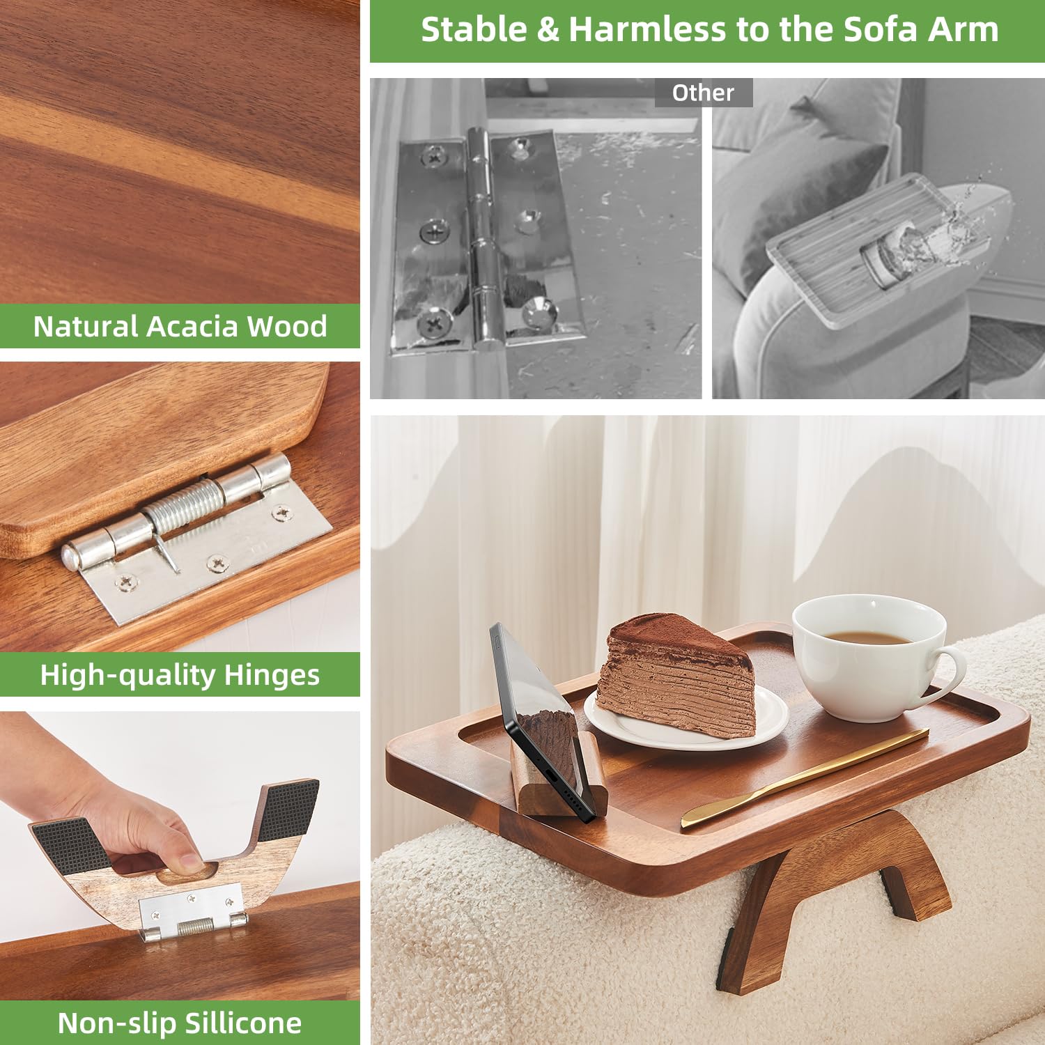 Foldable Acacia Wood Couch Arm Table with Phone Holder - Portable Tray for Eating & Drinks on Wide Couches