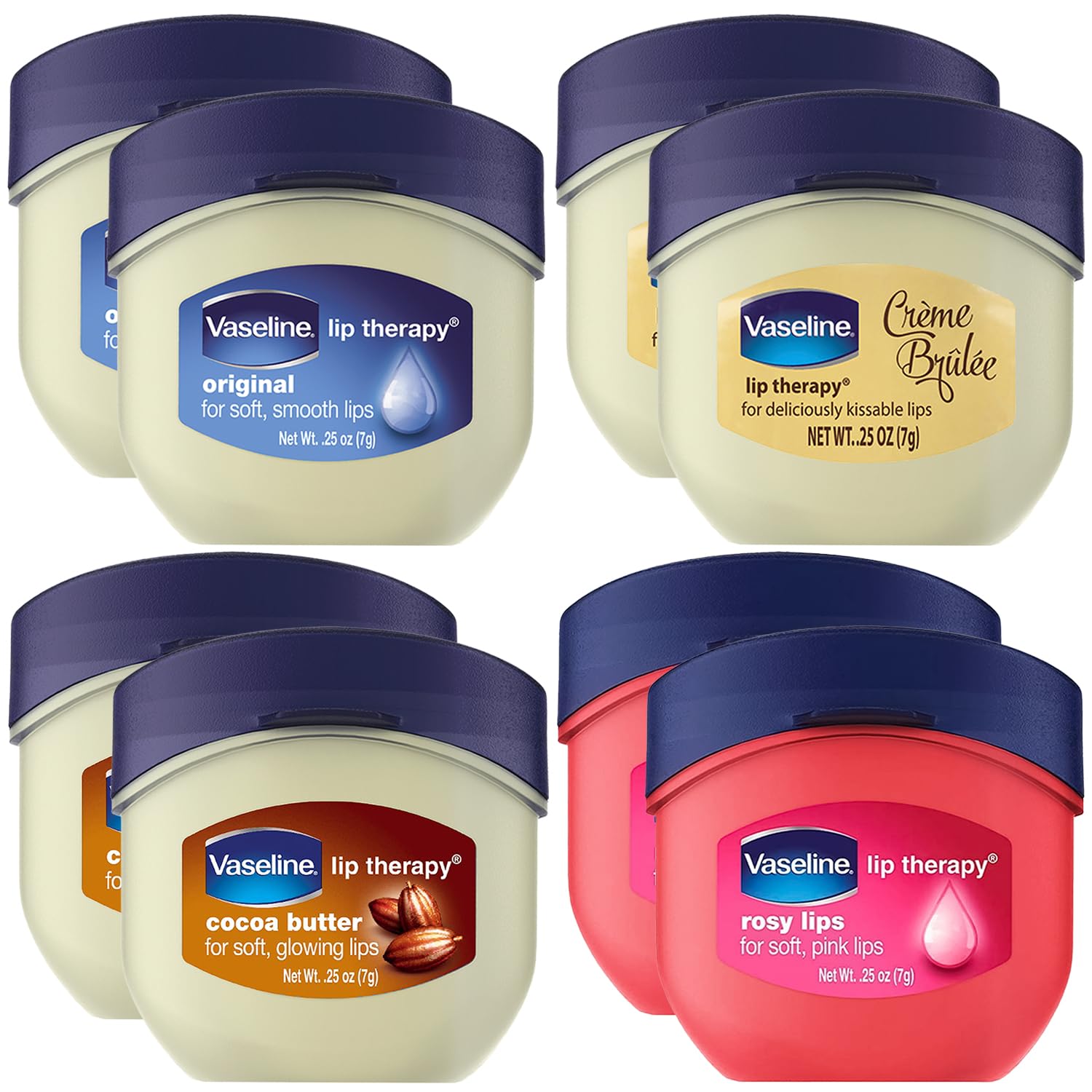 Vaseline Lip Therapy Variety 8-Pack – Original, Crème Brûlée, Rosy Lips & Cocoa Butter Mini Lip Balms (0.25 Oz Each) for Soft, Glowing & Kissable Lips | Perfect for Daily Hydration, Winter Care & On-The-Go Moisturization