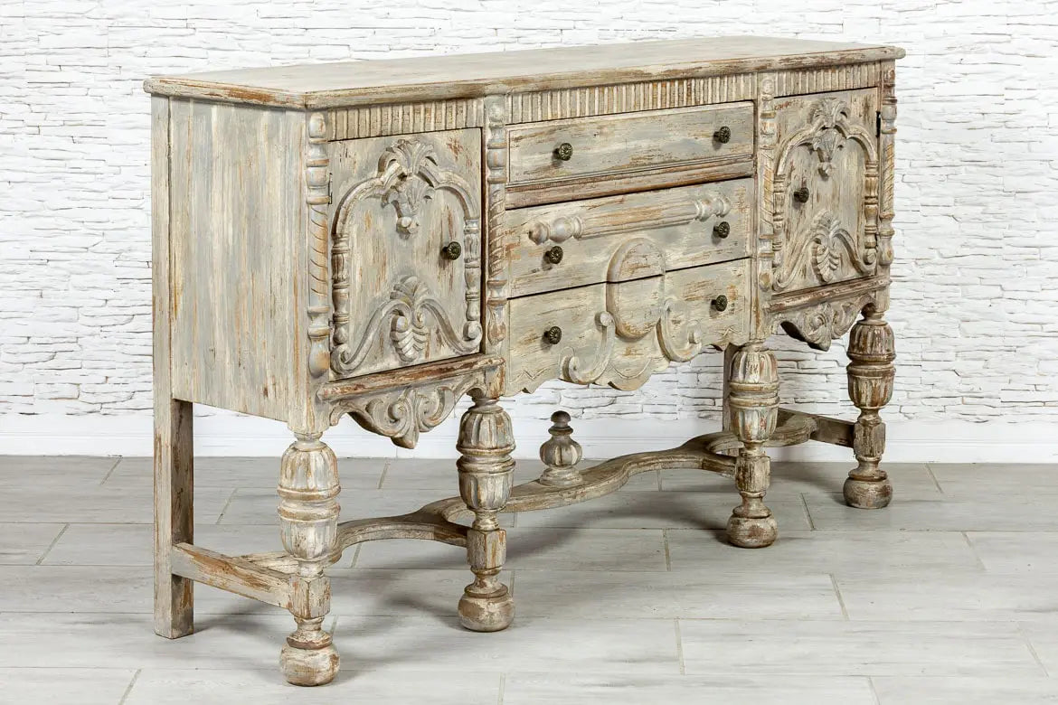 French Arched Hand Carved Indian Solid Wood Console Table - Grey 02 - Elegant Entryway Furniture for Hallway, Living Room & Foyer Decor