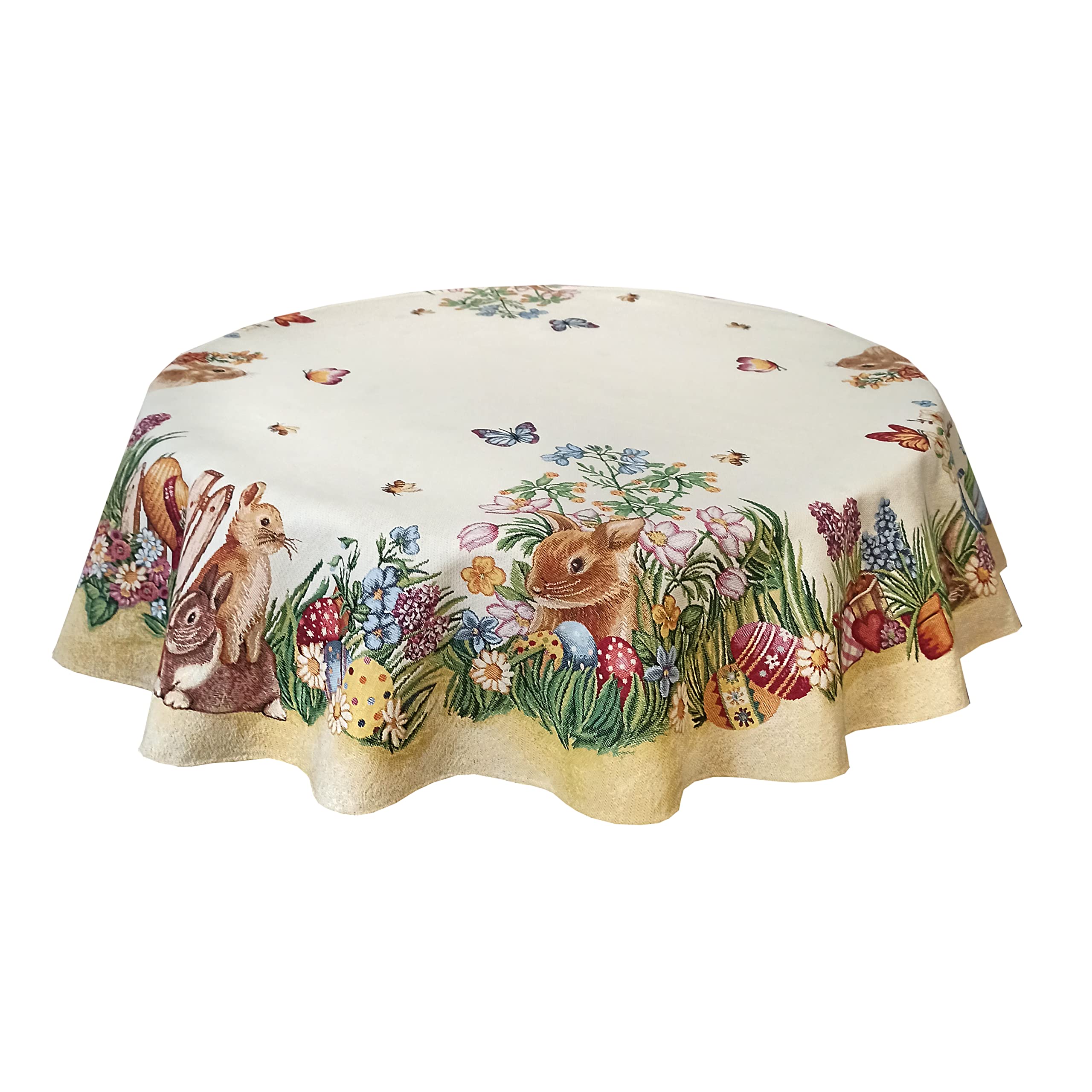 Easter Round Tablecloth 54 Inch - Floral Bunny Egg Design Fabric Table Cover for Holiday Dining, Party Decor, Spring Celebration
