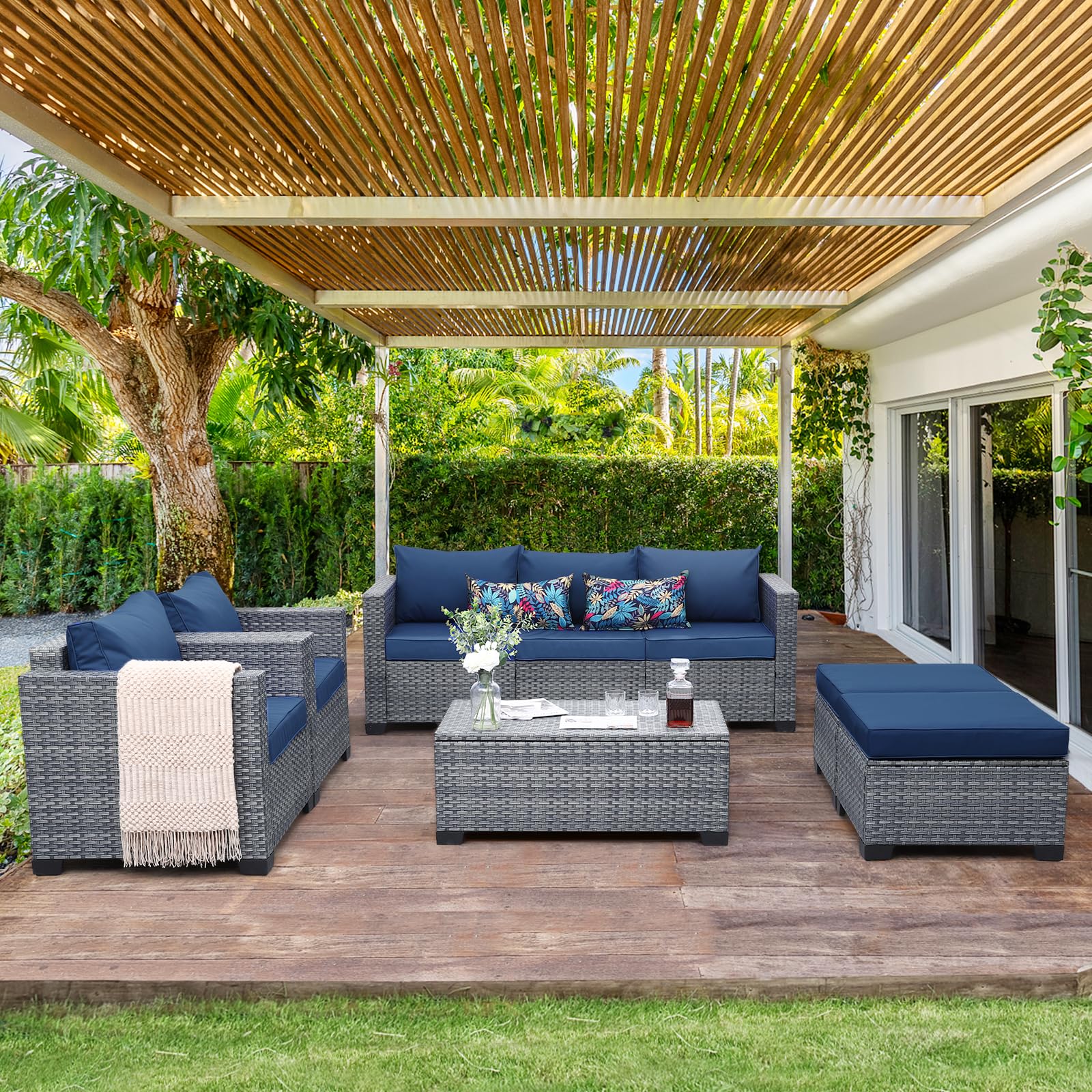 6-Piece Wicker Patio Furniture Set, Outdoor PE Rattan Sectional Sofa with Storage Table & Royal Blue Cushions - Perfect for Garden, Poolside, and Backyard Relaxation