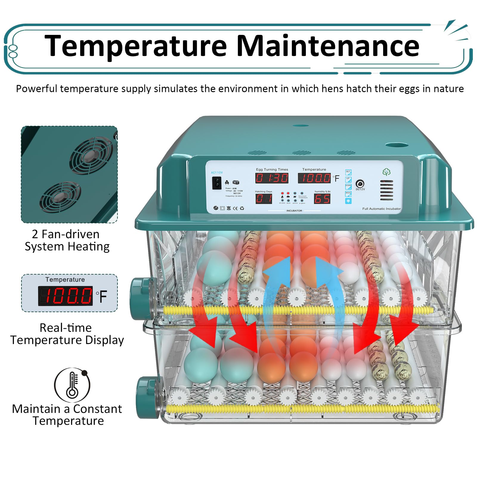 120 Egg Incubator with Automatic Turning, Humidity & Temperature Control - 5 Modes for Poultry, Chicken, Duck Eggs - Perfect for Home, Farm, and Hatching Projects