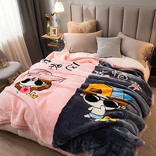 Korean Mink Blanket - Heavy Fleece Reversible Plush Blanket for Couples, 80x90 Inches, Full Size, Pink Cartoon Design - Ultra Soft & Warm for Autumn & Winter - Perfect for Bed, Sofa, and Gift Giving