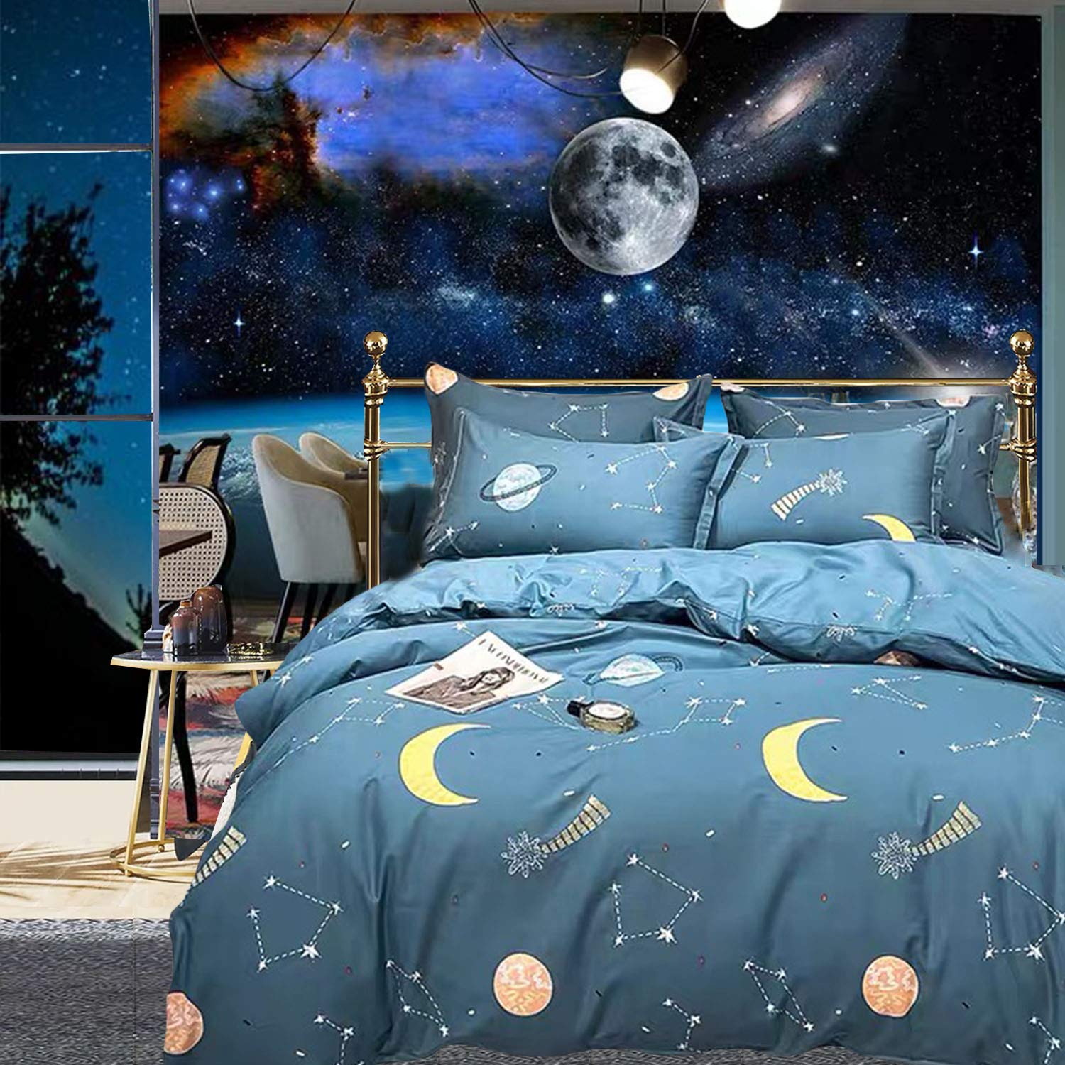 FADFAY 100% Cotton Twin XL Duvet Cover Set - Outer Space Galaxy Print with Zipper Closure | Blue Constellation Bedding for College Dorm Rooms | Soft & Breathable Cotton Comforter Cover (No Filling) | Perfect for Teen Bedrooms, Astronomy Lovers & Space-Themed Decor