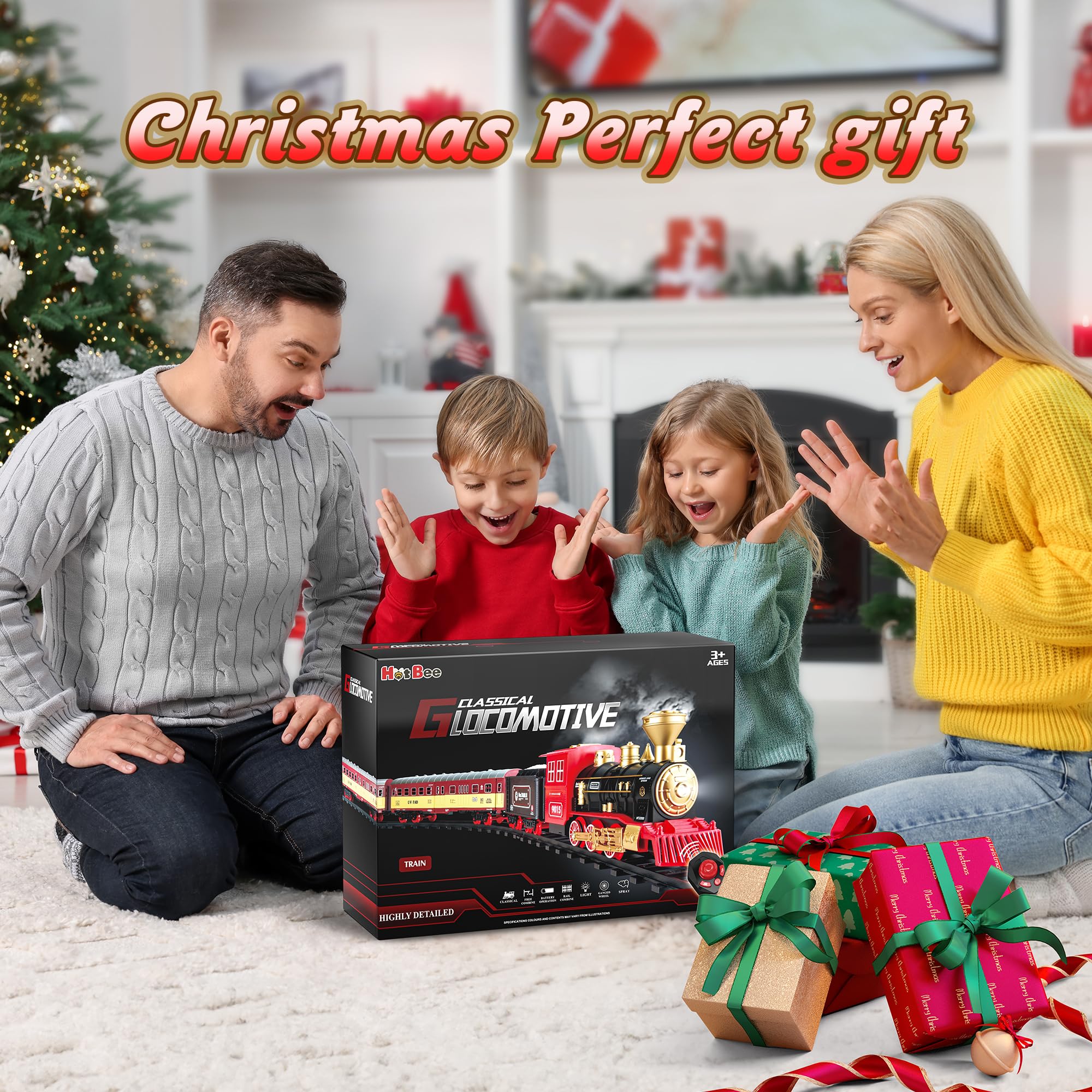 Hot Bee Christmas Train Set with Remote Control - Electric Steam Locomotive Toy for Kids Ages 2-8 | Light Up, Sound Effects & Spray Features | Perfect Holiday Train for Around the Christmas Tree | Toddler Learning Toy & Christmas Decoration Gift