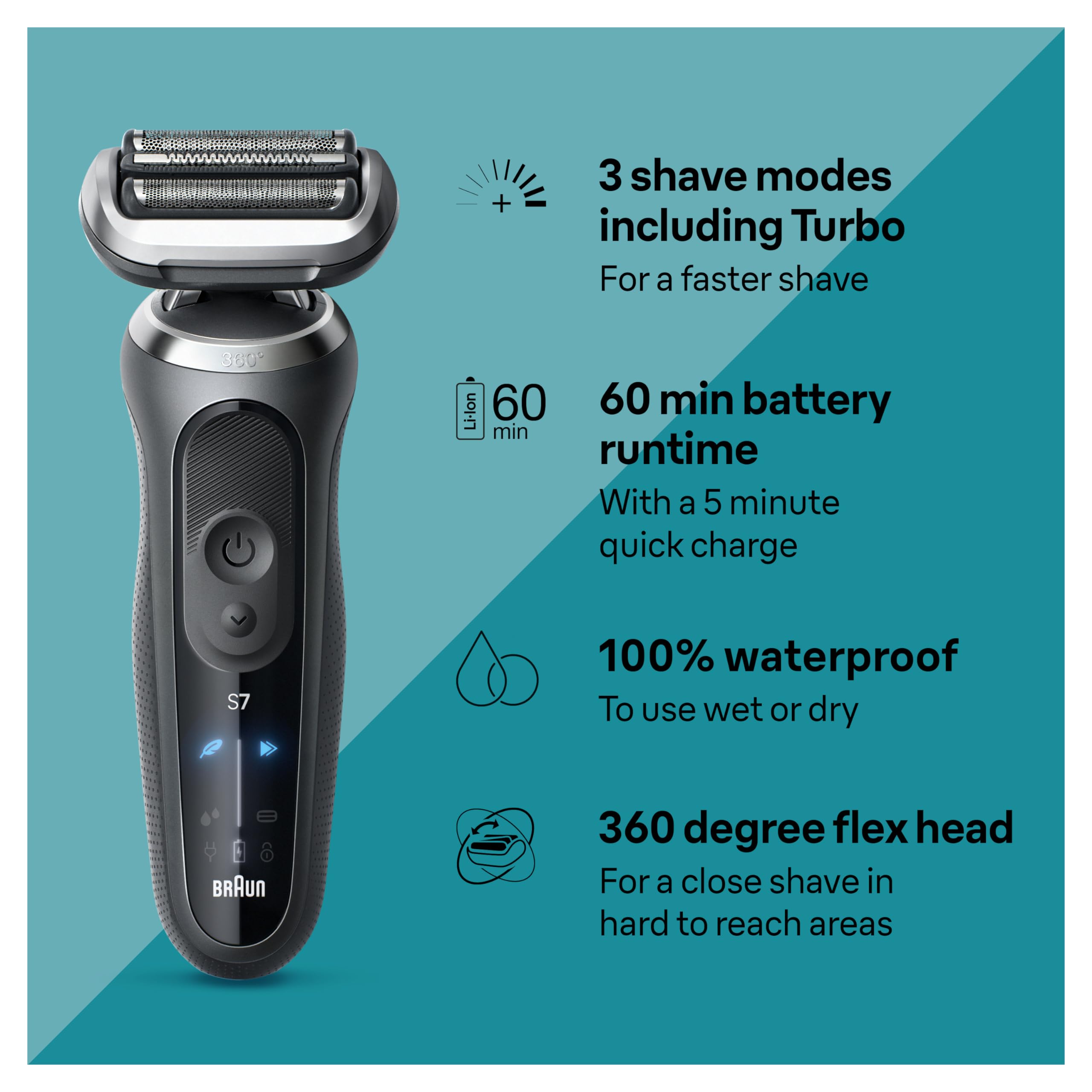 Braun Series 7 7127cs Electric Razor for Men - Wet & Dry Foil Shaver with Beard Trimmer | Waterproof, Turbo & Gentle Modes | German Engineered | Includes Charging Stand (Space Grey) | Perfect for Travel, Daily Shaving & Sensitive Skin
