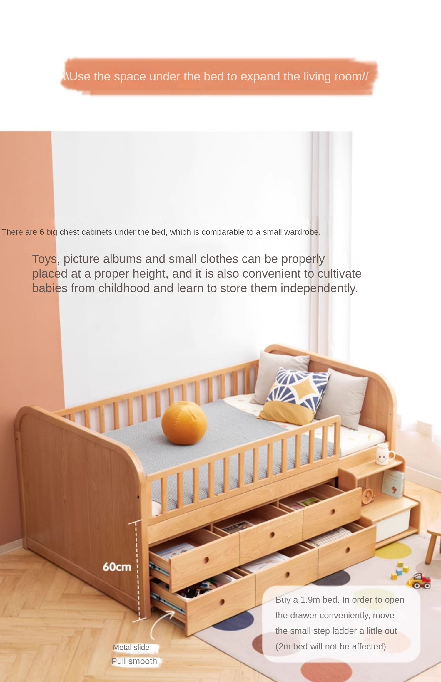 Solid Oak Wood Multi-Function Storage Bed with Wide Underbed Drawers - Perfect for Bedroom Organization & Small Space Living