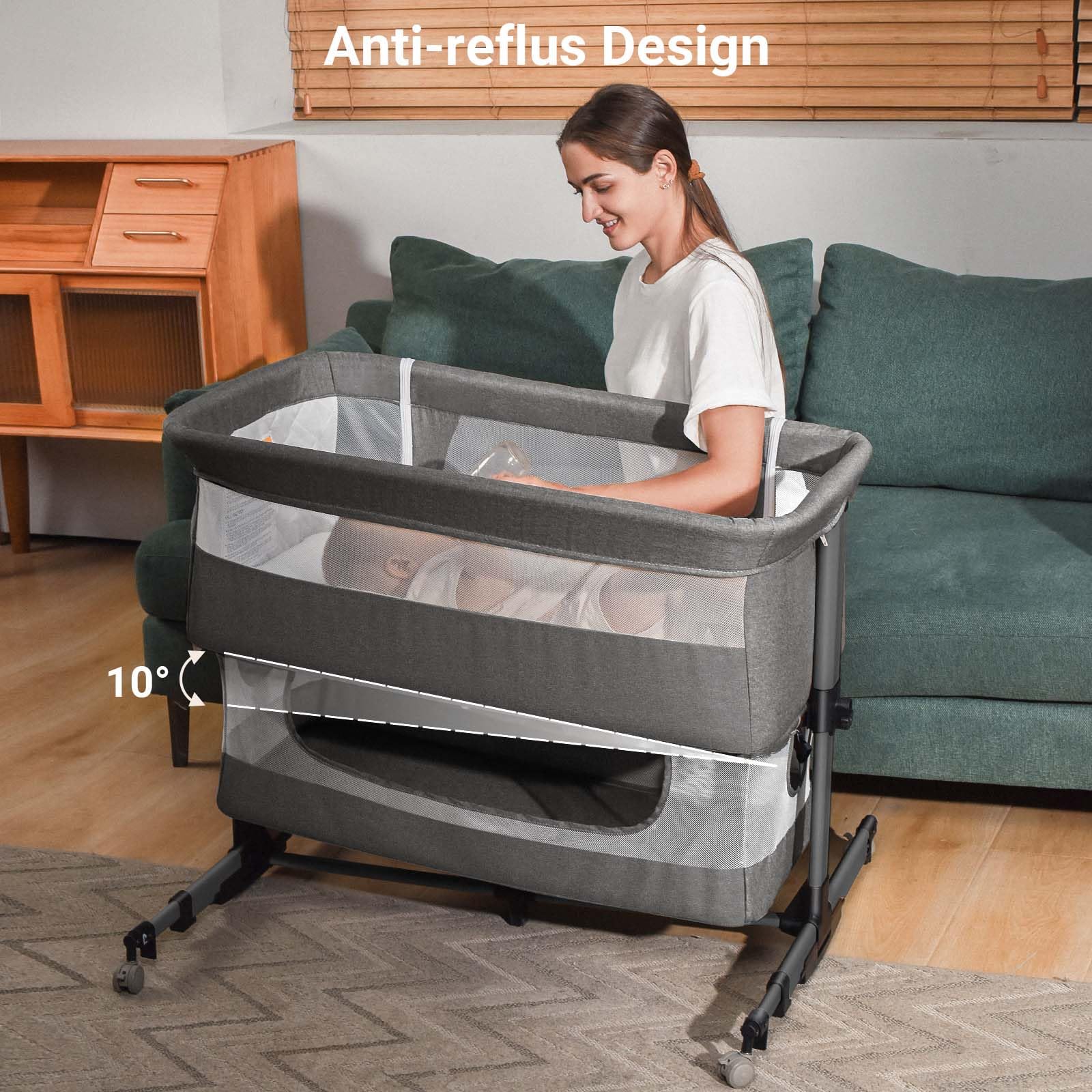 3-in-1 Adjustable Portable Baby Crib & Bassinet - Convertible Bedside Sleeper for Newborns & Infants (Grey) | Nursery, Travel & Co-Sleeping Essential