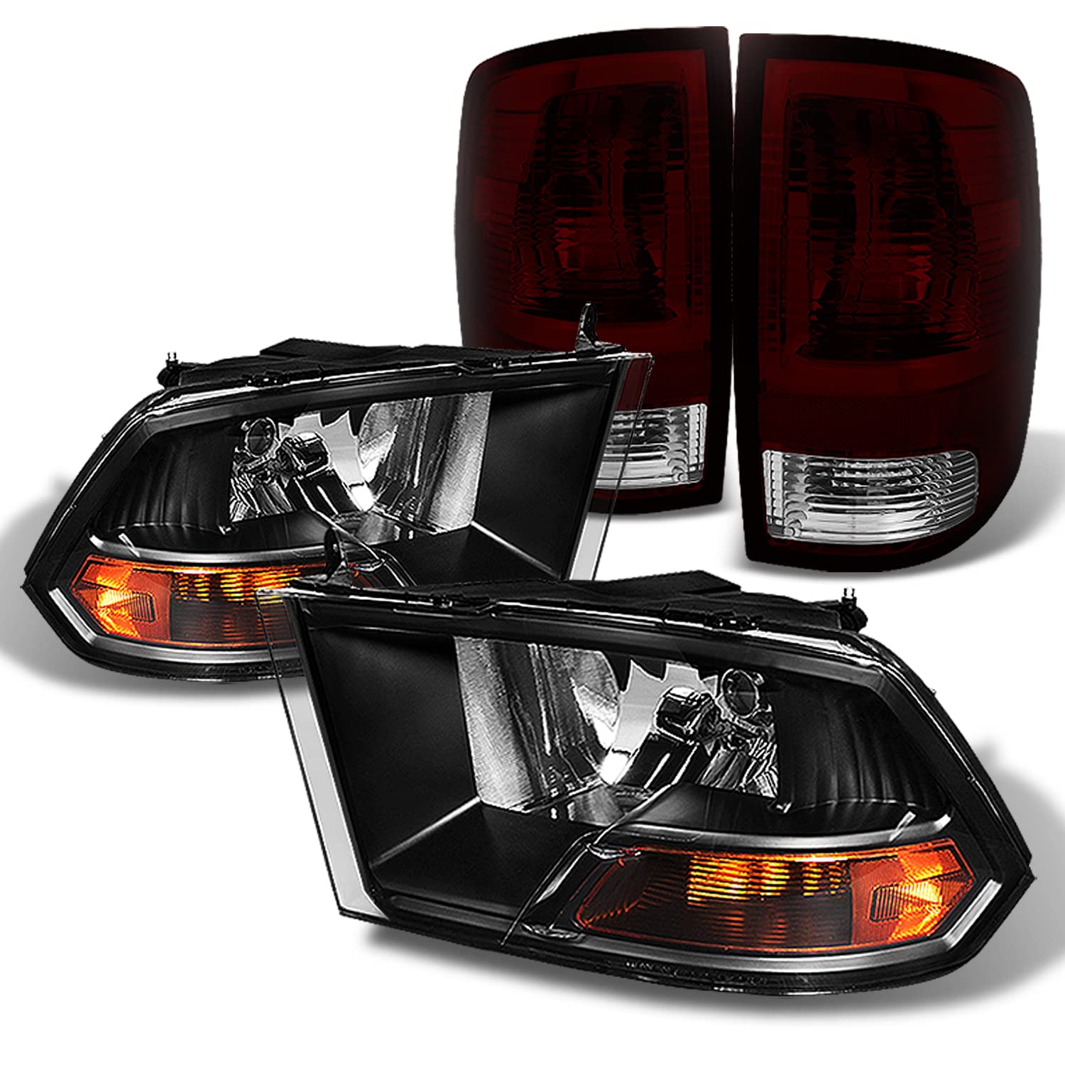 AKKON Black Headlights & Dark Red Smoked Tail Lights 4pcs Combo for 2009-2018 Dodge Ram 1500 | 2010-2018 Ram 2500/3500 Pickup Trucks - Upgrade Your Truck's Style & Night Visibility for Off-Roading and Daily Driving