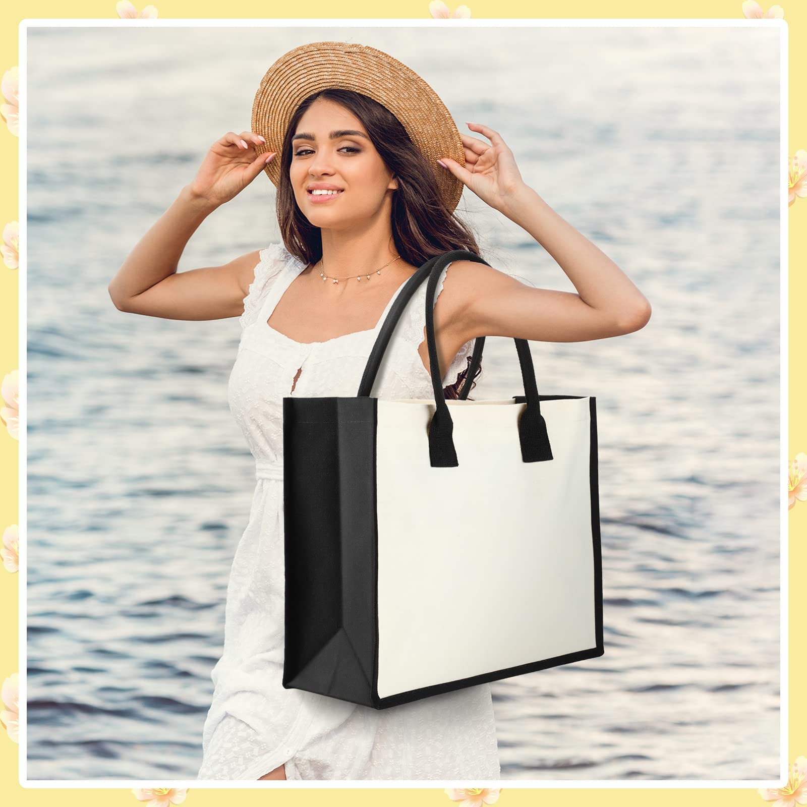 Reginary 6-Pack Personalized Initial Canvas Tote Bags with Handles - Wedding Bridesmaid Gifts, Beach Bags, Teacher Appreciation, College DIY (Black Trim) - Perfect for Bridal Parties, Bachelorette Events & Summer Outings