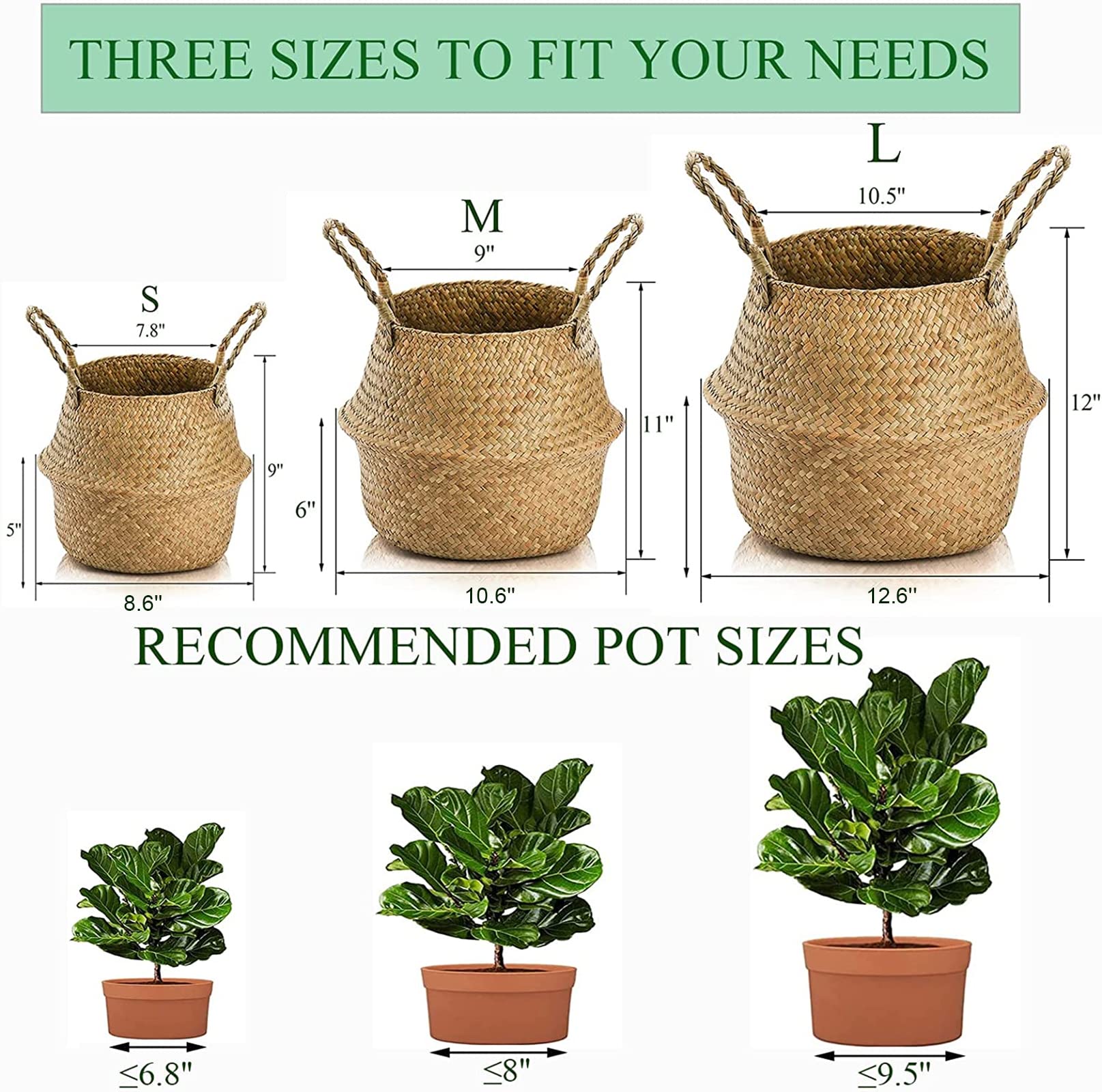 Yesland 2-Pack Woven Seagrass Baskets with Handles - Storage for Laundry, Plants & Picnic