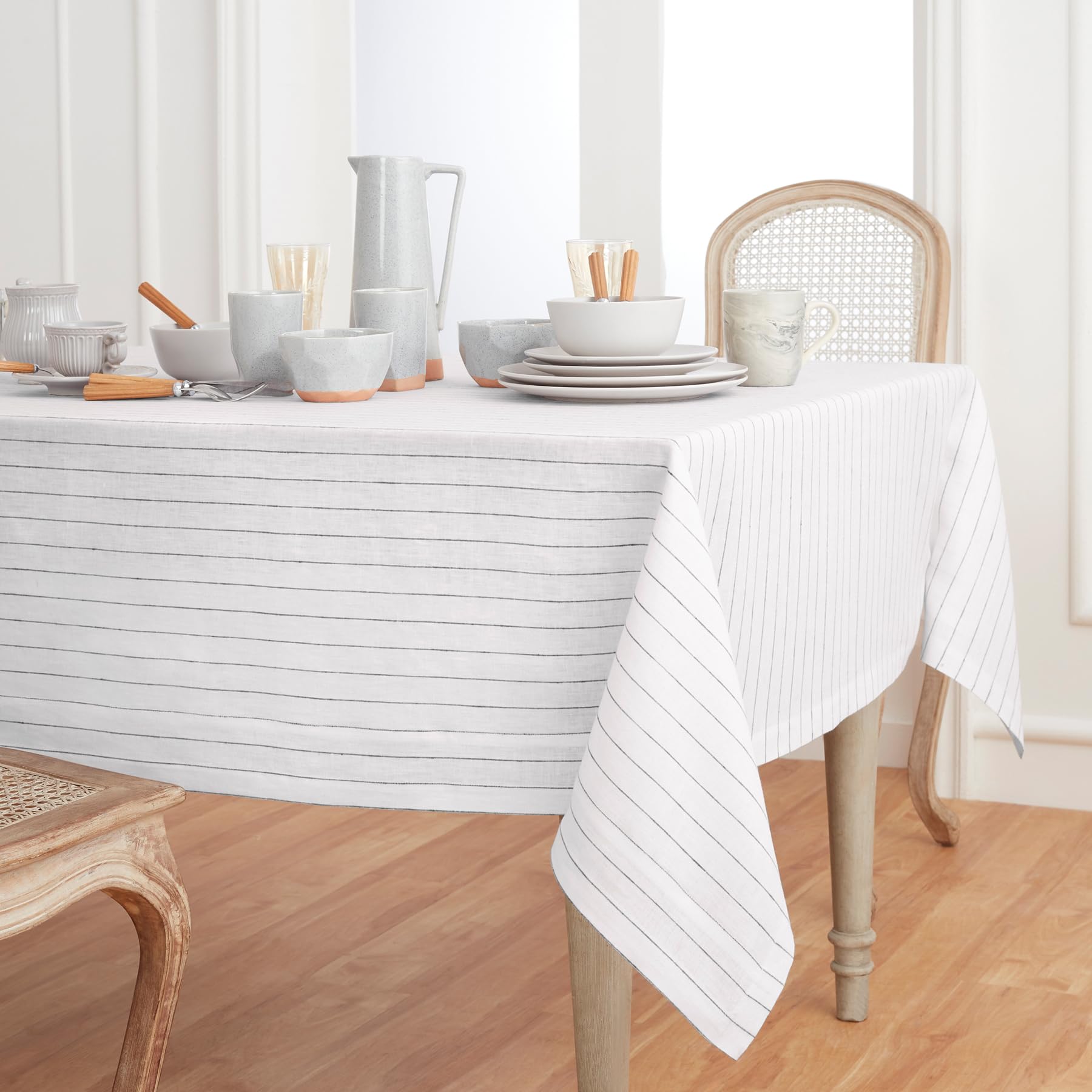 Premium 100% Pure Linen Tablecloth 60x120 Inches - White & Black Pinstripe Design - Handcrafted Washable Dining Table Cover for Spring, Easter, Weddings & Formal Events