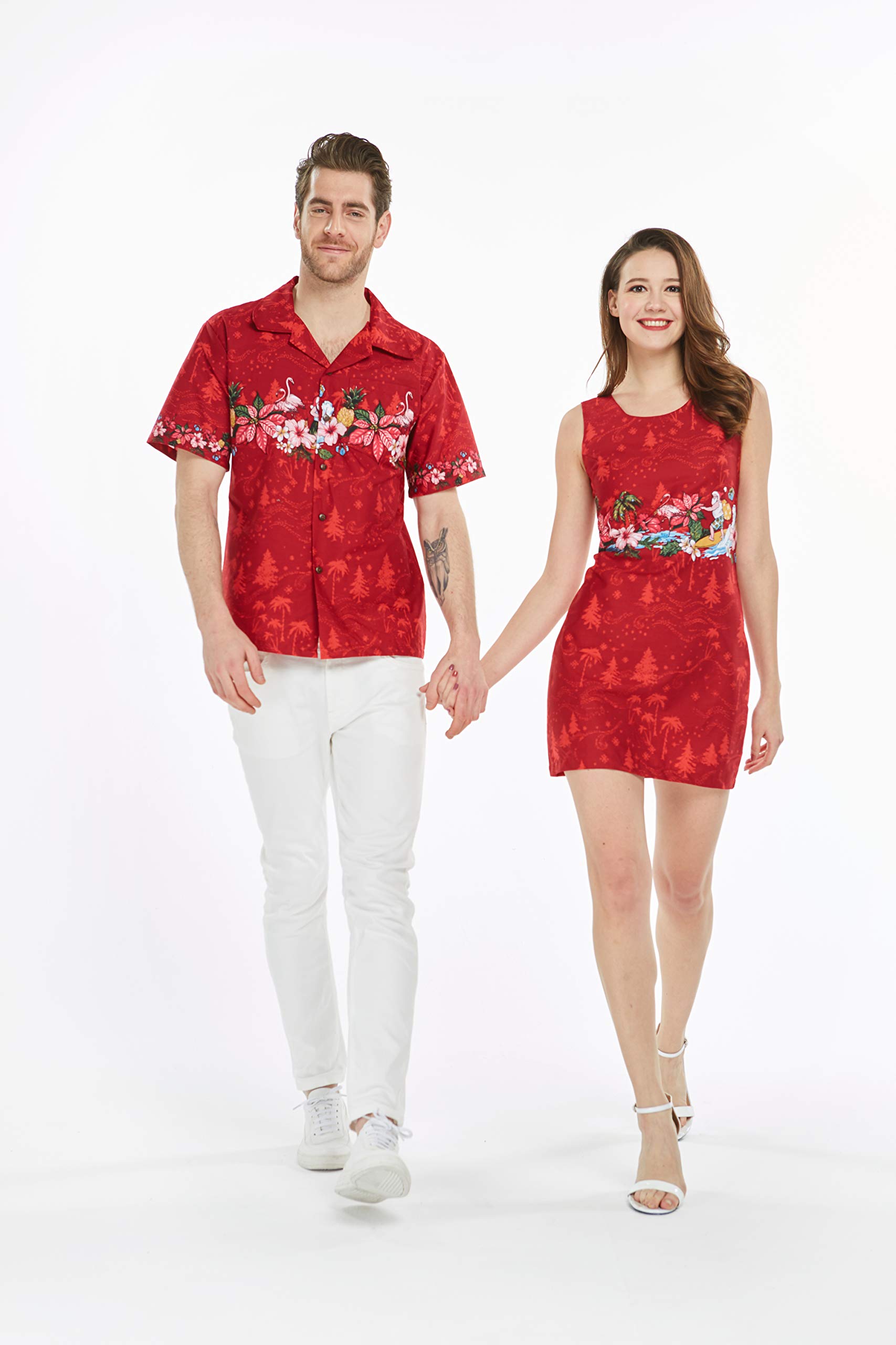 Matching Couples Hawaiian Luau Cruise Christmas Outfits - Santa Red Shirt Dress for Tropical Party, Holiday Cruise & Festive Celebration
