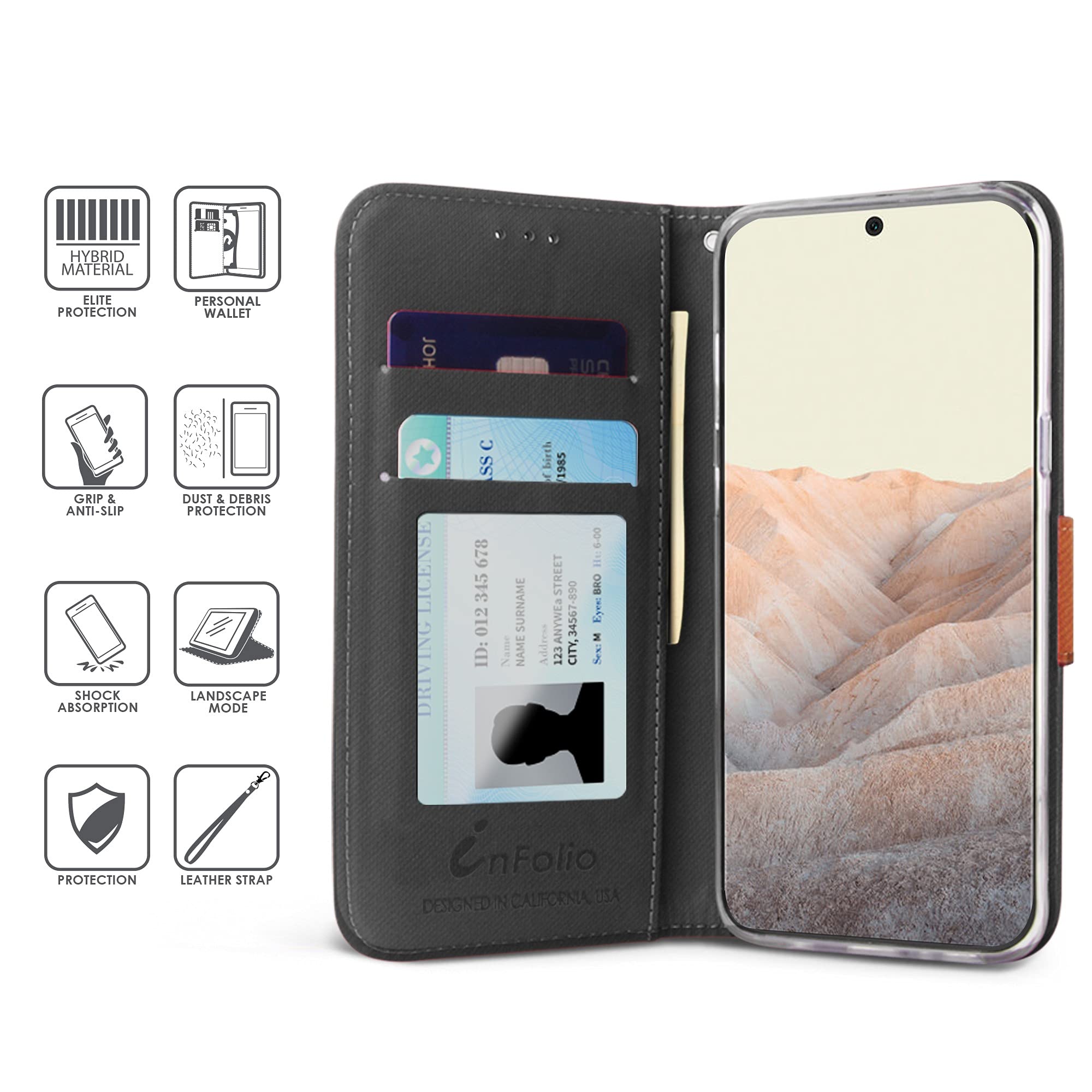 Premium Leather Wallet Case for Google Pixel 6 (2021) - BEYOND CELL Infolio with ID & Card Pockets, Wrist Strap & Landscape Stand | Slim Protective Phone Cover for Daily Use, Travel & Business Meetings
