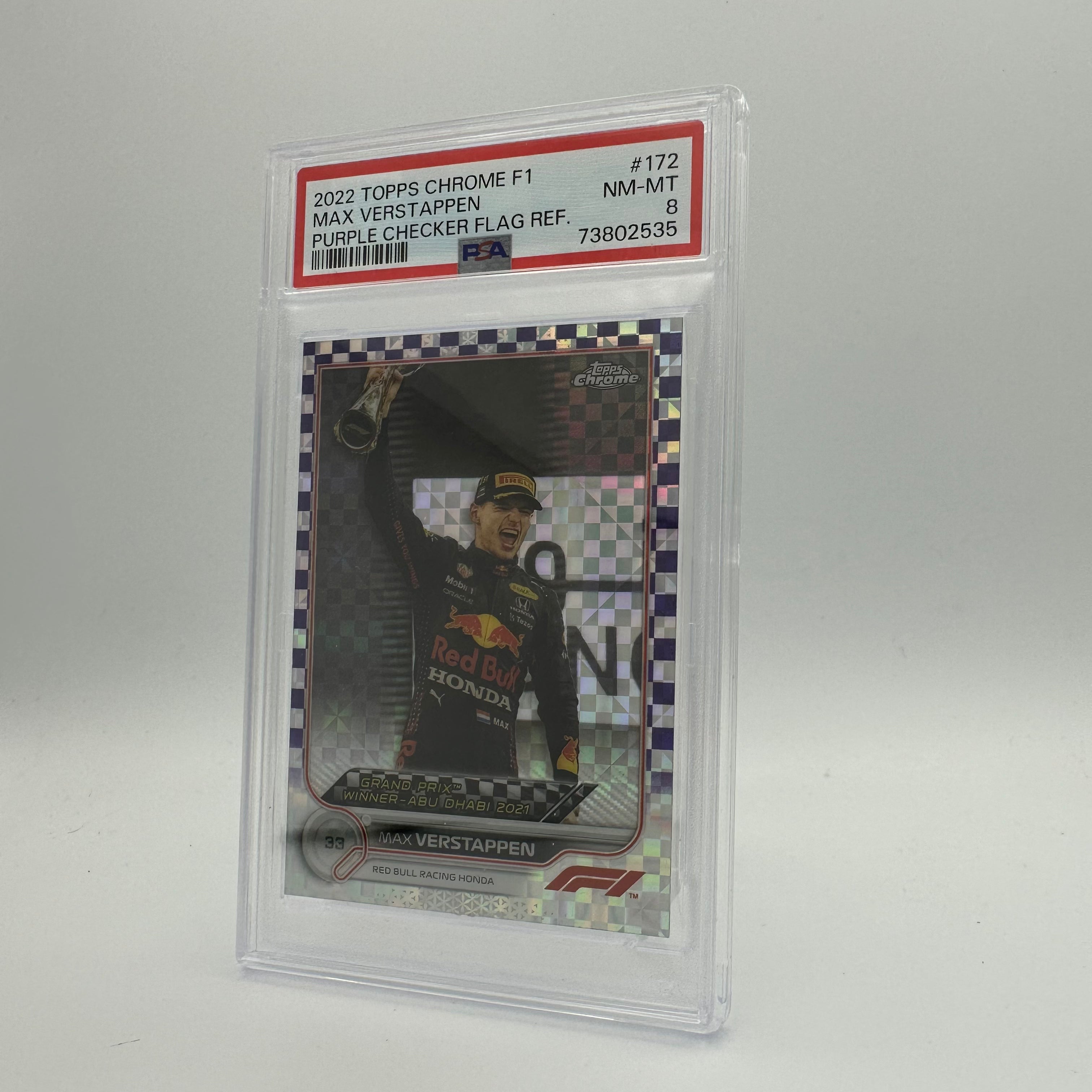 PSA 8 Graded 192/199 Max Verstappen #172 Purple Checker Flag Refractor - Rare F1 Racing Card for Collectors & Fans, Perfect for Display & Investment