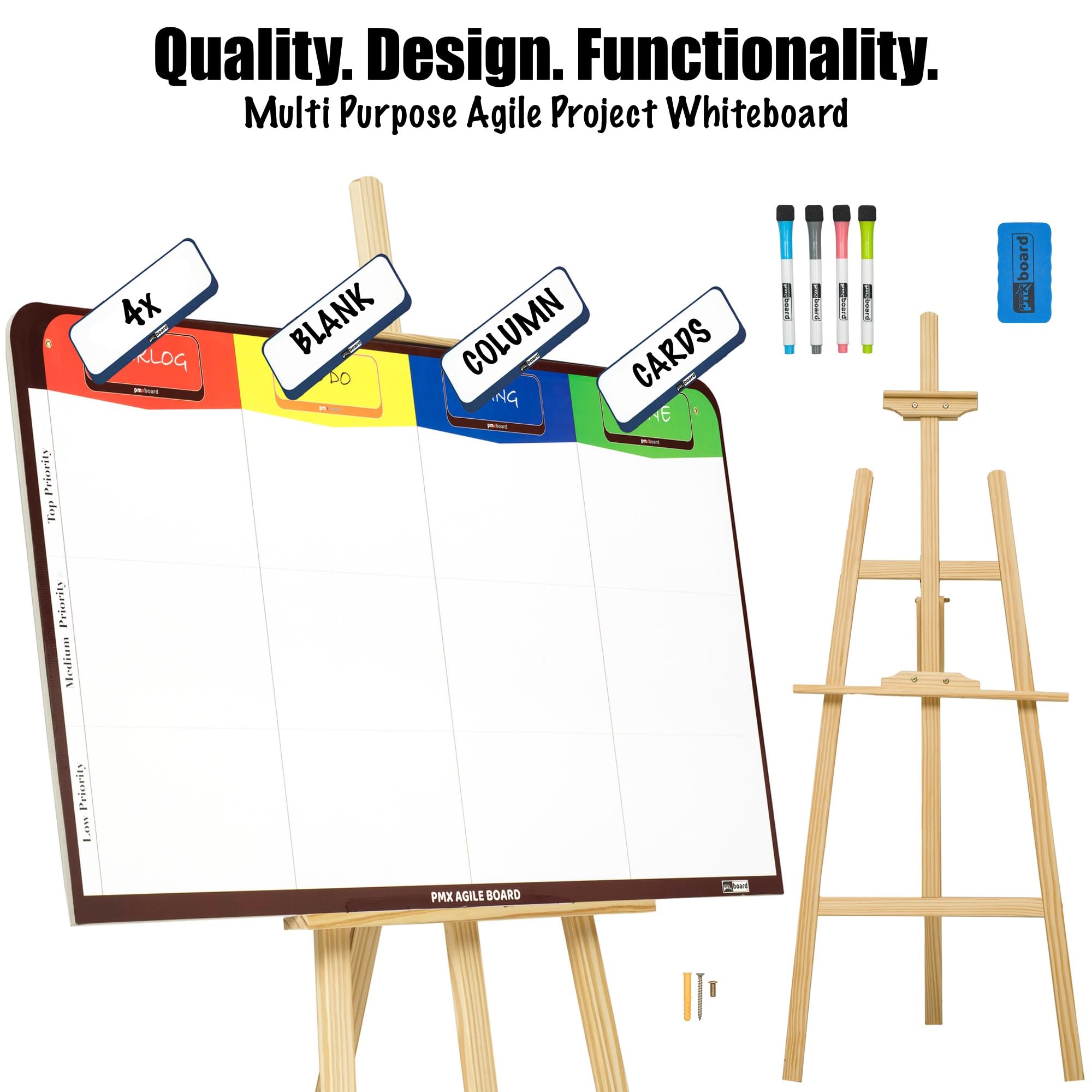 PMXBoard Magnetic Kanban Board - Agile Scrum Lean Project Management Tool for Office, Home & School | Customizable Headlines with Easel Stand | Perfect for Team Collaboration, Remote Work & Classroom Organization
