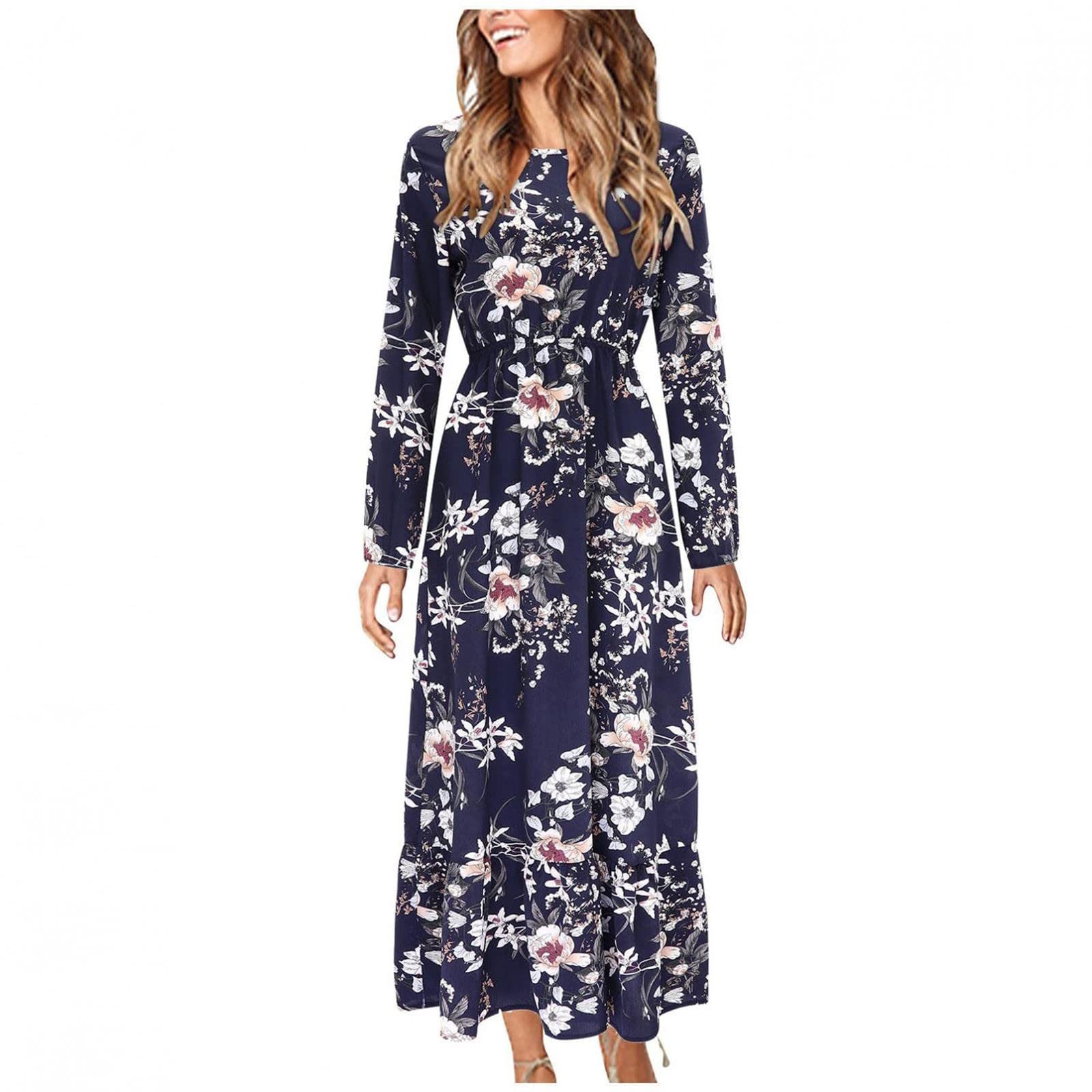 Jsarle Women's Sexy Long Sleeve Boho Floral Maxi Dress - Summer Round Neck Casual Party & Wedding Guest Dress - Perfect for Beach Vacations, Date Nights & Special Occasions