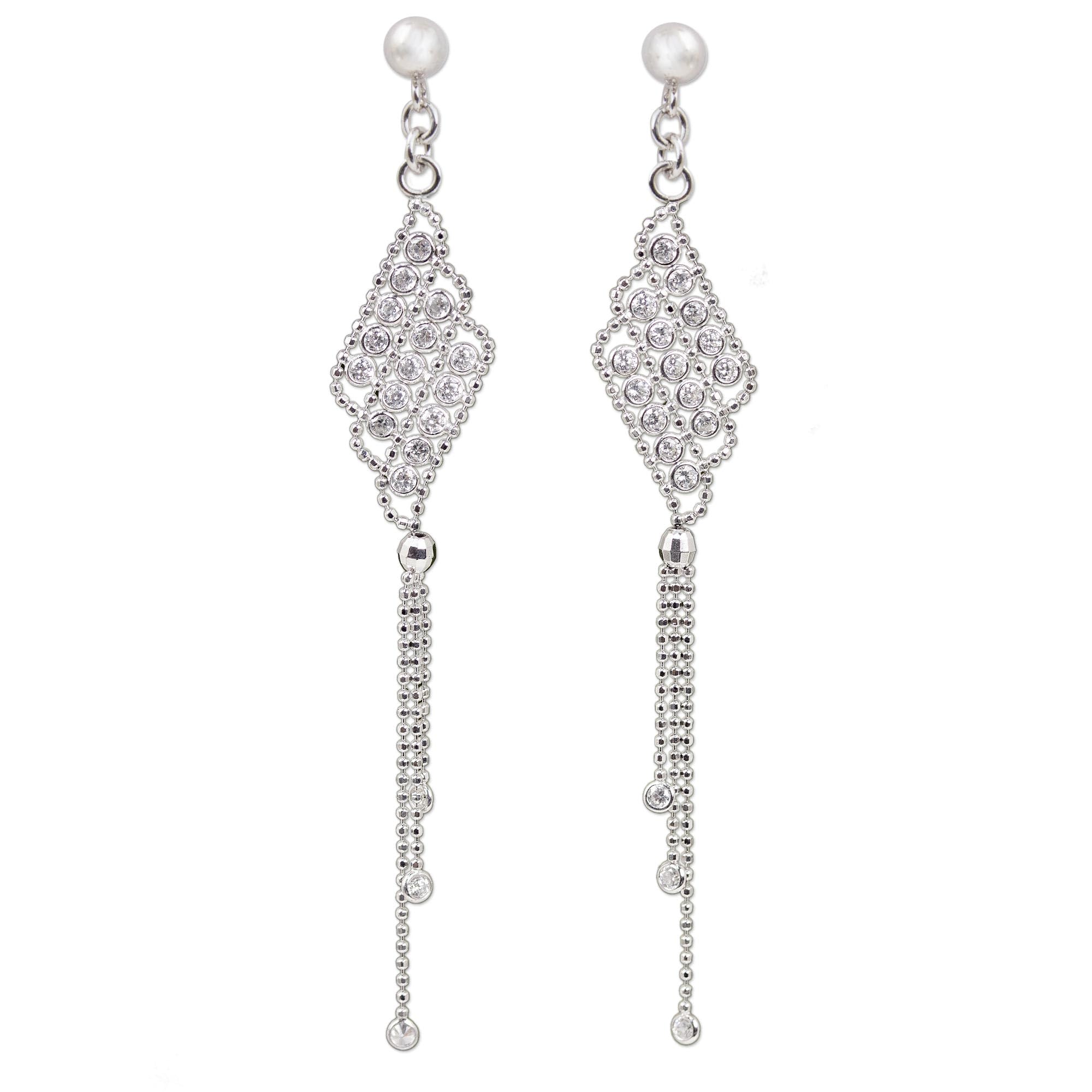 NOVICA Handmade Sterling Silver Waterfall Earrings with Cubic Zirconia - Clear Birthstone Jewelry from Thailand (3.1