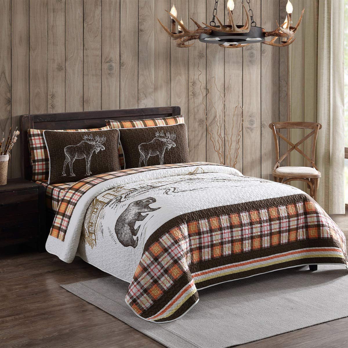 HowPlum 7-Piece Rustic Mountain King Oversized Quilt Bedding Set with Shams & Microfiber Sheets - Plaid Bear Moose Design in Brown & Orange | Cozy Cabin Decor for Bedroom & Guest Room