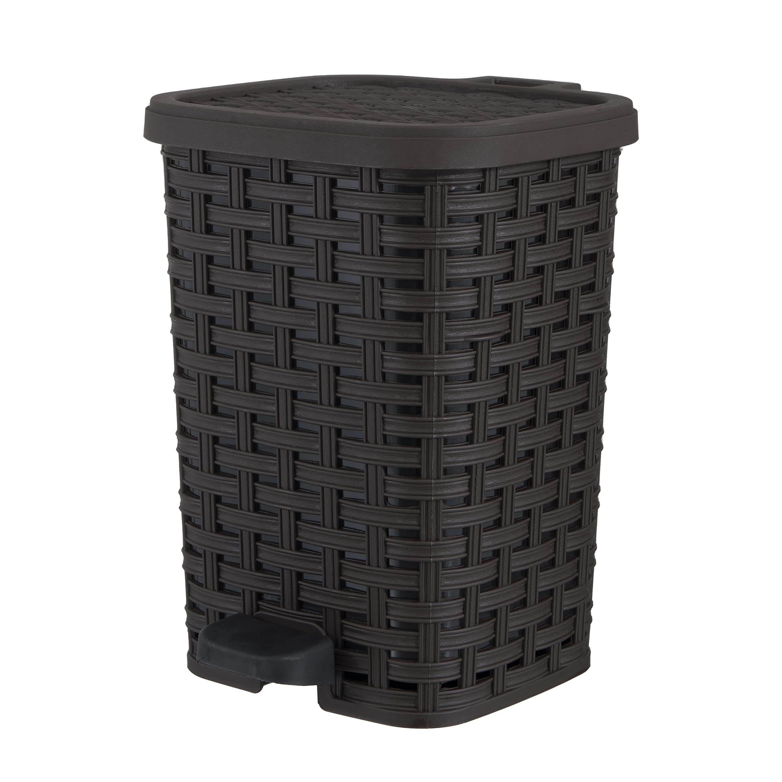 Premium Small Outdoor Trash Can with Lid - 1.5 Gallon/6L Dog Waste Bin - Foot Pedal Plastic Garbage Can for Bathroom, Bedroom, Office, Patio - Wicker Brown Design - Perfect for Pet Owners, Home & Office Organization