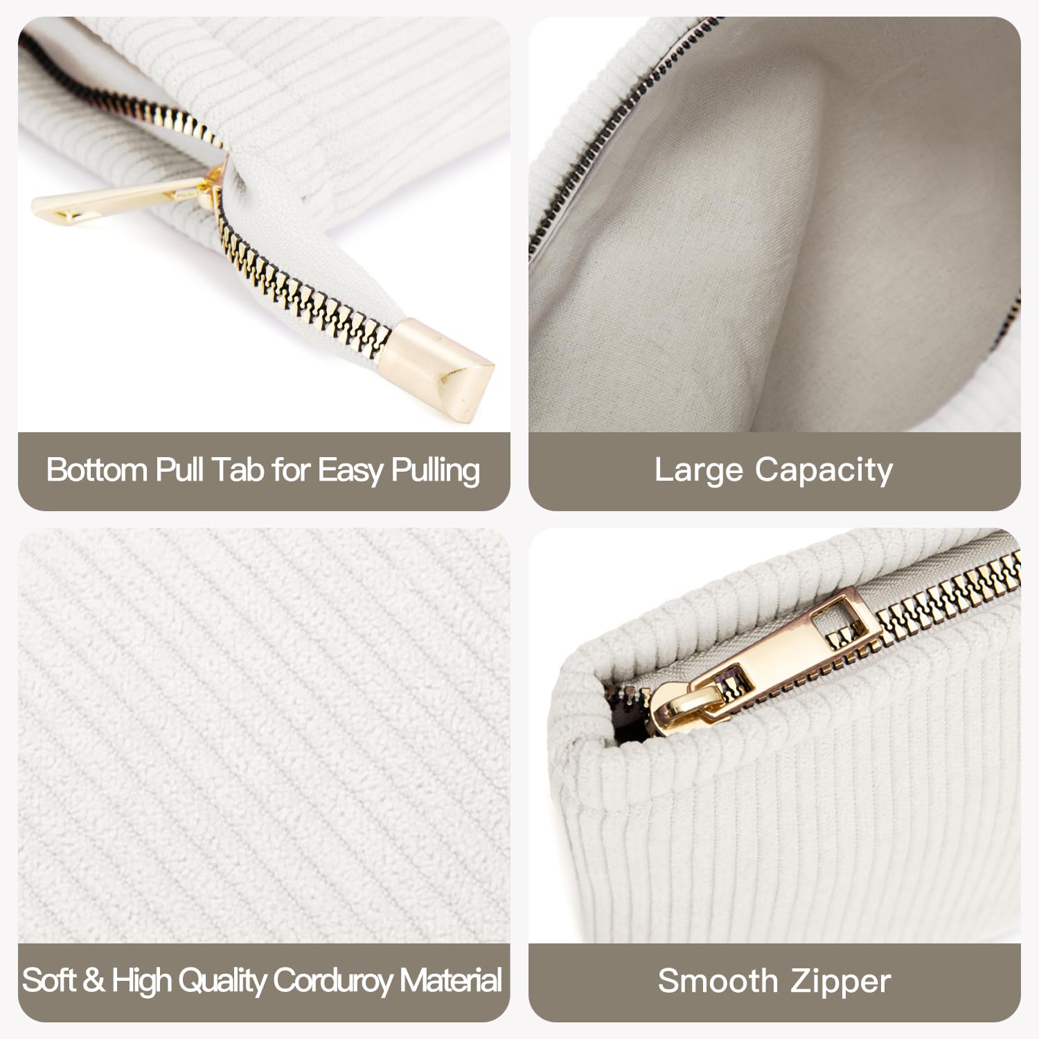 3-Piece Corduroy Makeup Bag Set for Women - Travel Cosmetic Organizer with Brush Storage Pouch, Toiletry Essentials for On-the-Go (White) | Perfect for Vacation, Gym & Daily Beauty Routine