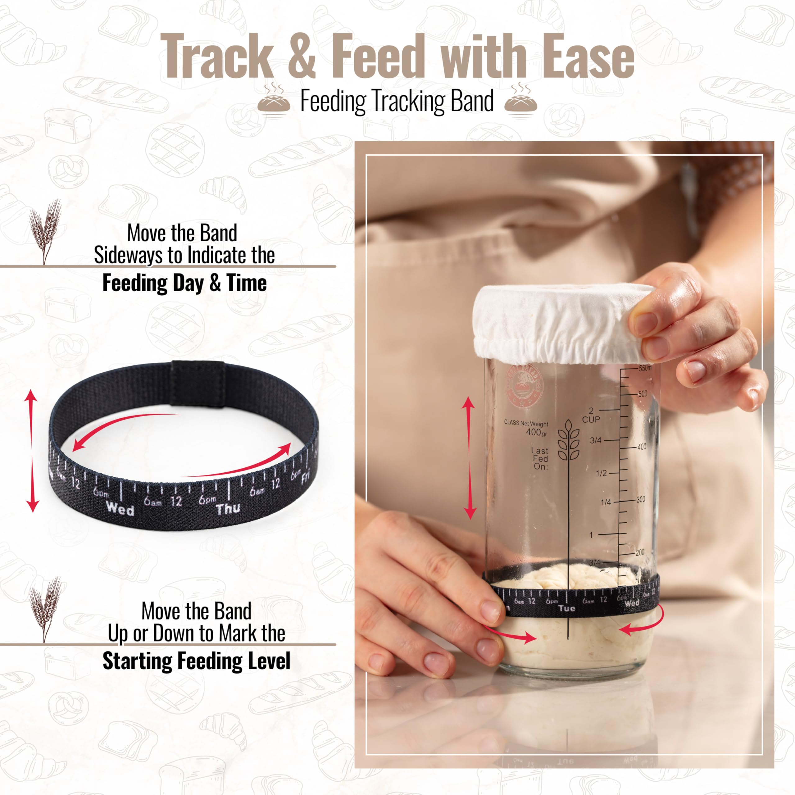 Cozy Bread® Sourdough Starter Kit with Glass Jar - 2 Measuring Cups & mL Markings - Dishwasher Safe - Perfect for Home Baking, Artisan Bread Making & Gift Giving