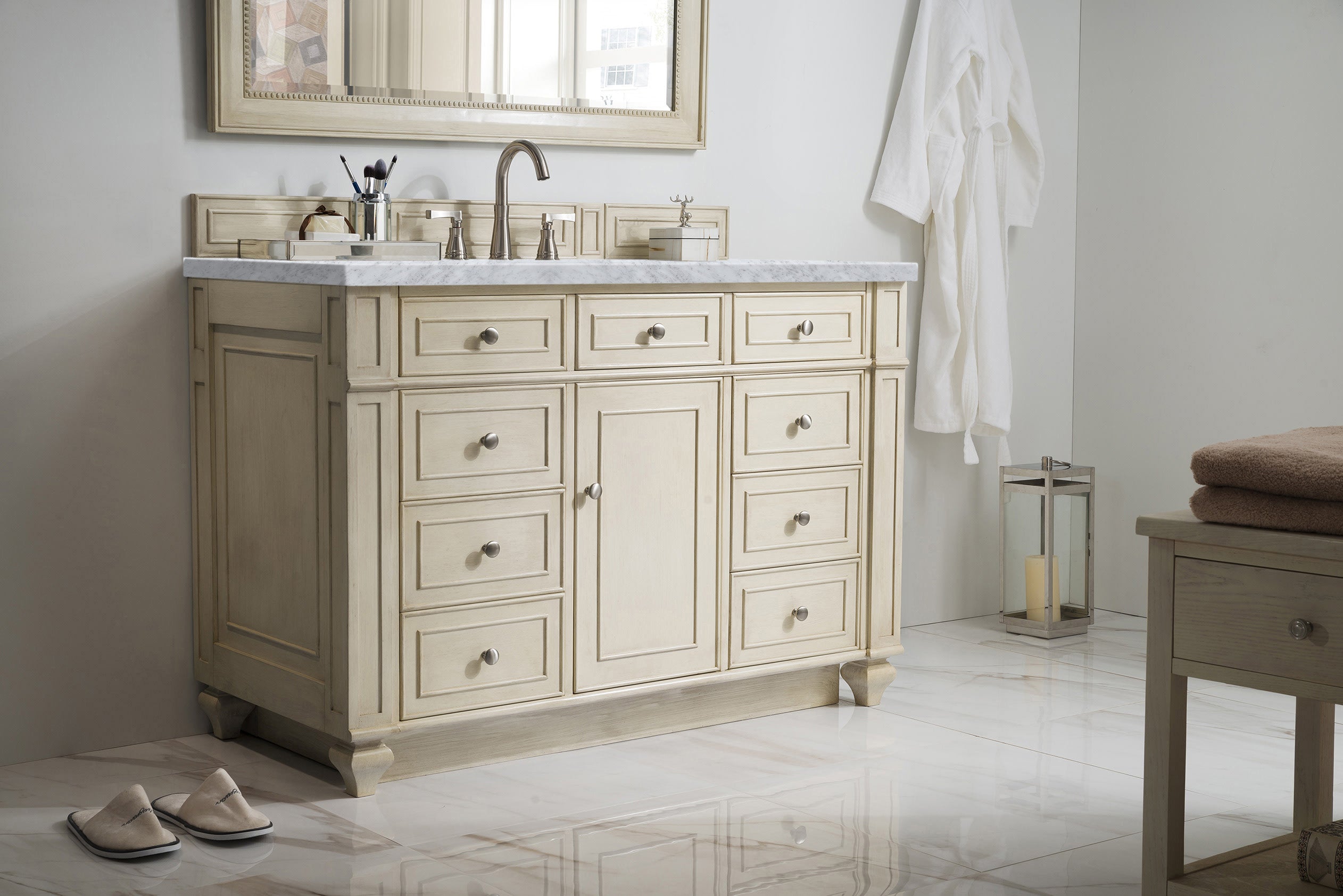 Bristol 48 Inch Single Bathroom Vanity with 3CM Carrara Marble Top in Vintage Vanilla - Perfect for Modern Farmhouse, Coastal, or Traditional Bathroom Designs