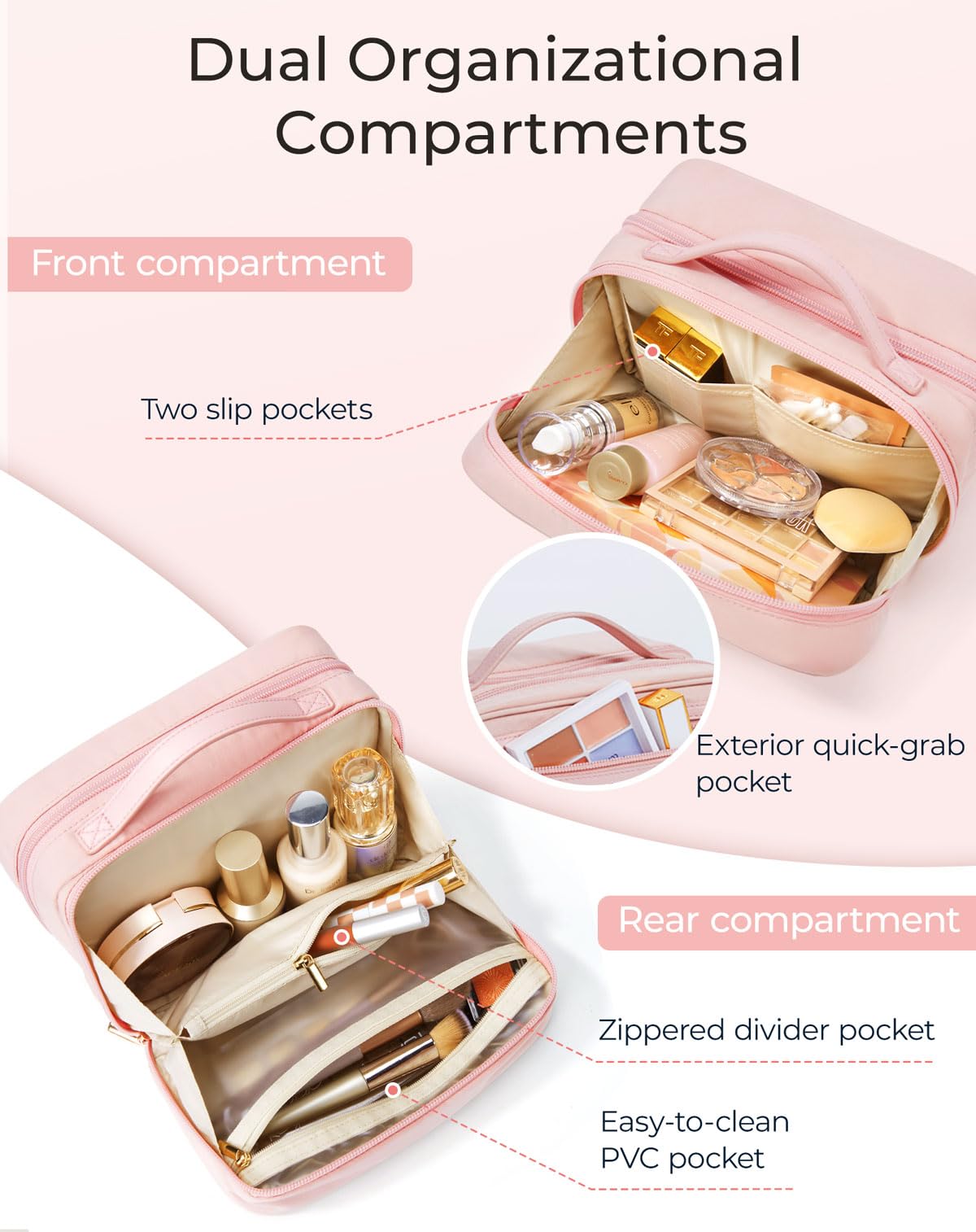 BAGSMART Large Capacity Travel Makeup Bag for Women - Waterproof Cosmetic Organizer with Wide Opening for Toiletries, Brushes & Bottles | Perfect for Travel, Gym & Daily Essentials (Light Pink)
