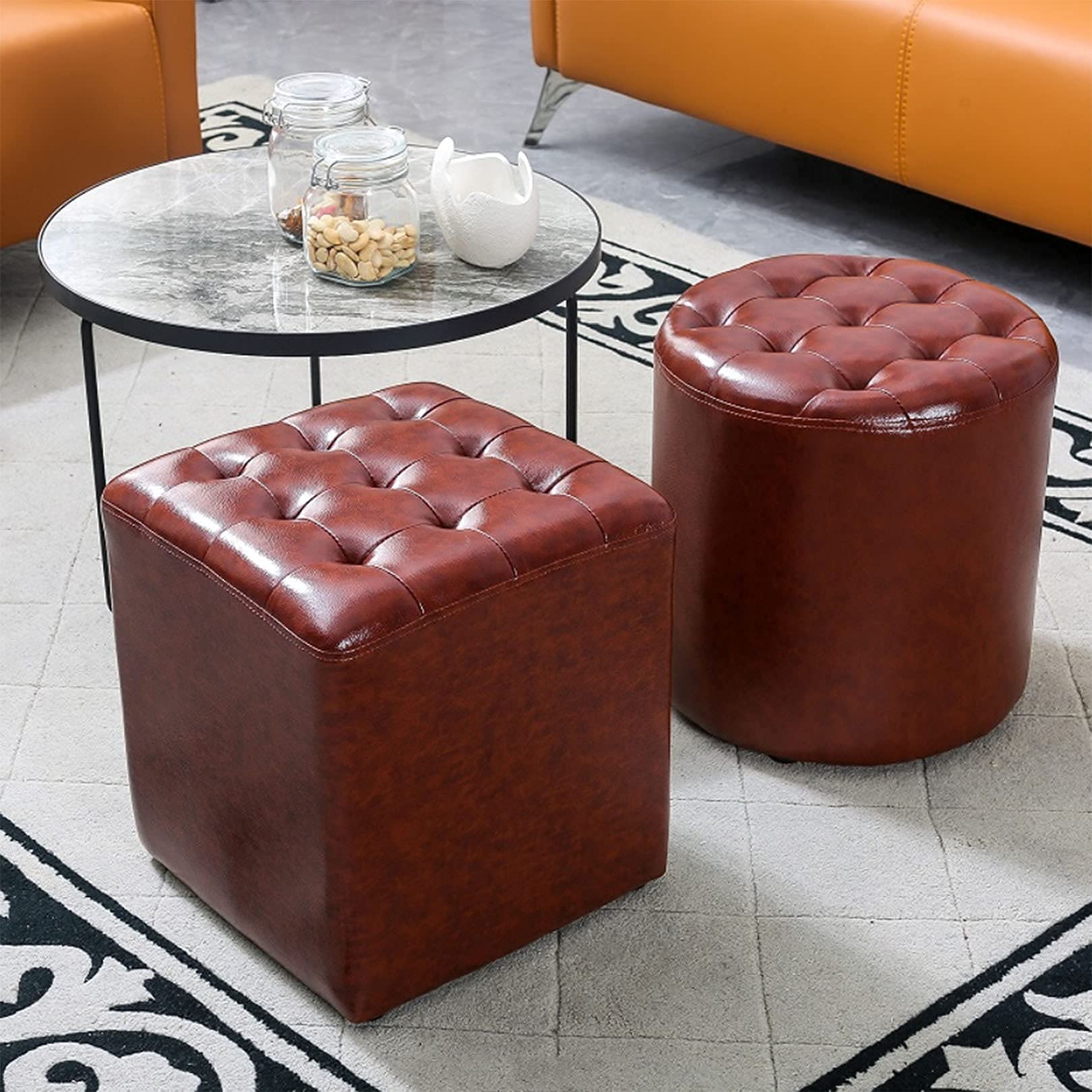CHEWYNP Classic Square Footstool - Comfortable Upholstered Low Stool for Living Room, Bedroom & Office - Soft Red Fabric Ottoman - Perfect for Relaxing, Reading & Extra Seating