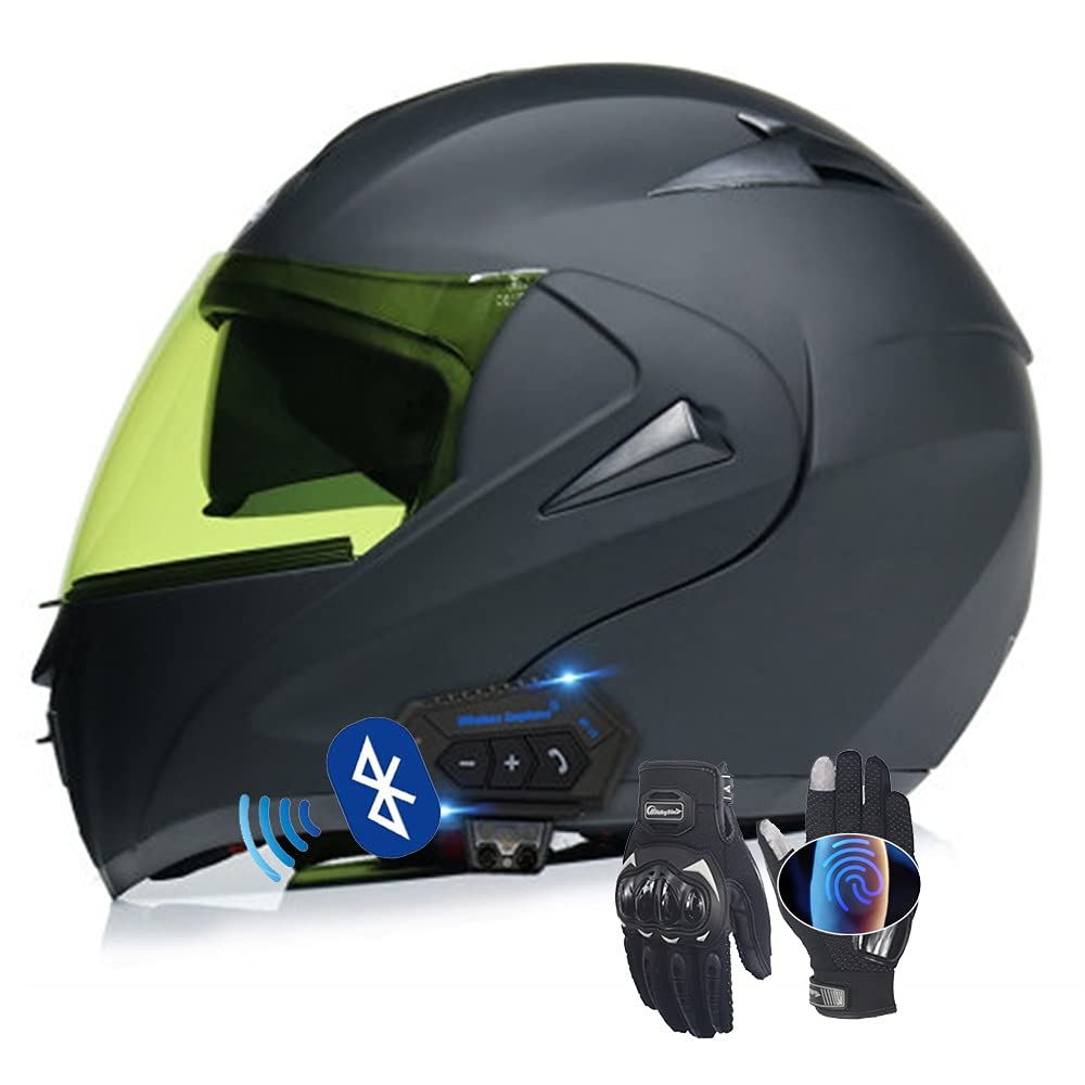 Bluetooth Motorcycle Helmet Full Face Modular Flip-Up DOT Certified for Adults (55-62cm) - HD Dual Lens Visor, Touch Gloves Included - Ideal for Commuting, Touring & Long-Distance Riding