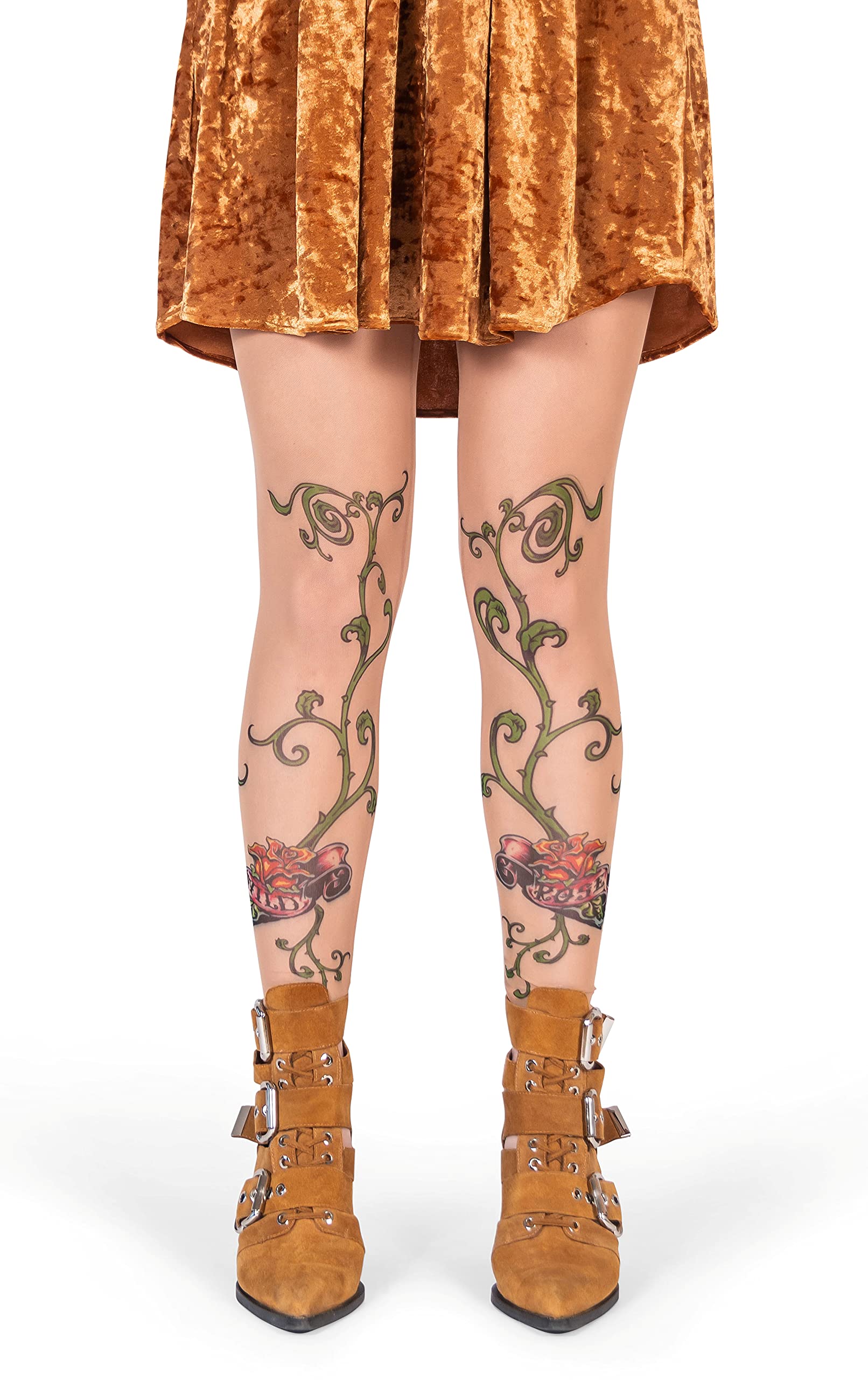 Wild Rose Women's Tattoo Print Mesh Yoga Leggings - Tan | High Waisted Stretchy Workout Pants for Gym, Running & Dance