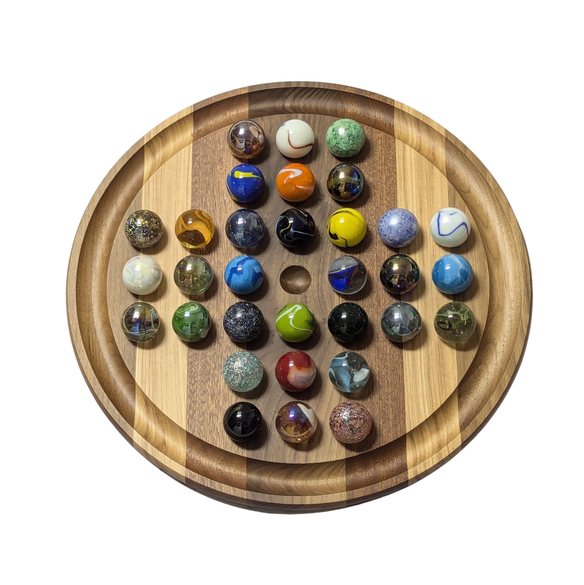 Handmade Marble Solitaire Board Game with Glass Marbles - 16 Inch Classic Wooden Board with Subtle Stripes Pattern | Perfect for Family Game Nights, Gifts & Home Decor