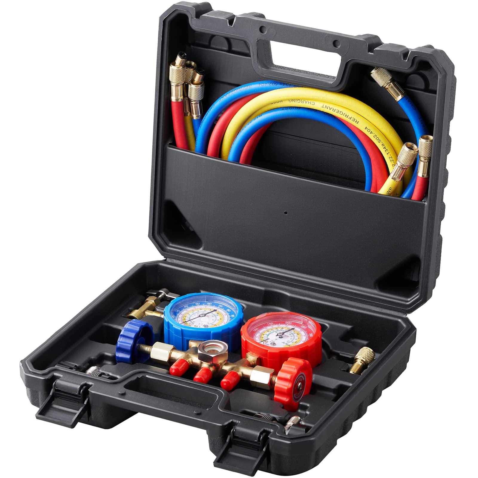 VEVOR 3-Way AC Manifold Gauge Set for R134A R22 R12 R502 Refrigerant - Professional Automotive Freon Charging Kit with 5ft Hoses, Couplers & Can Tap - Perfect for Car AC Repair, Maintenance and Evacuation