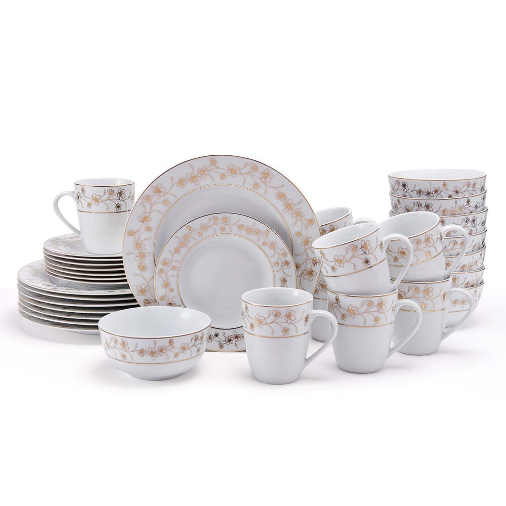 Elegant Metallic Floral Gold 32-Piece Dinnerware Set - Service for 8 - Perfect for Formal Dining, Wedding Registry & Holiday Entertaining