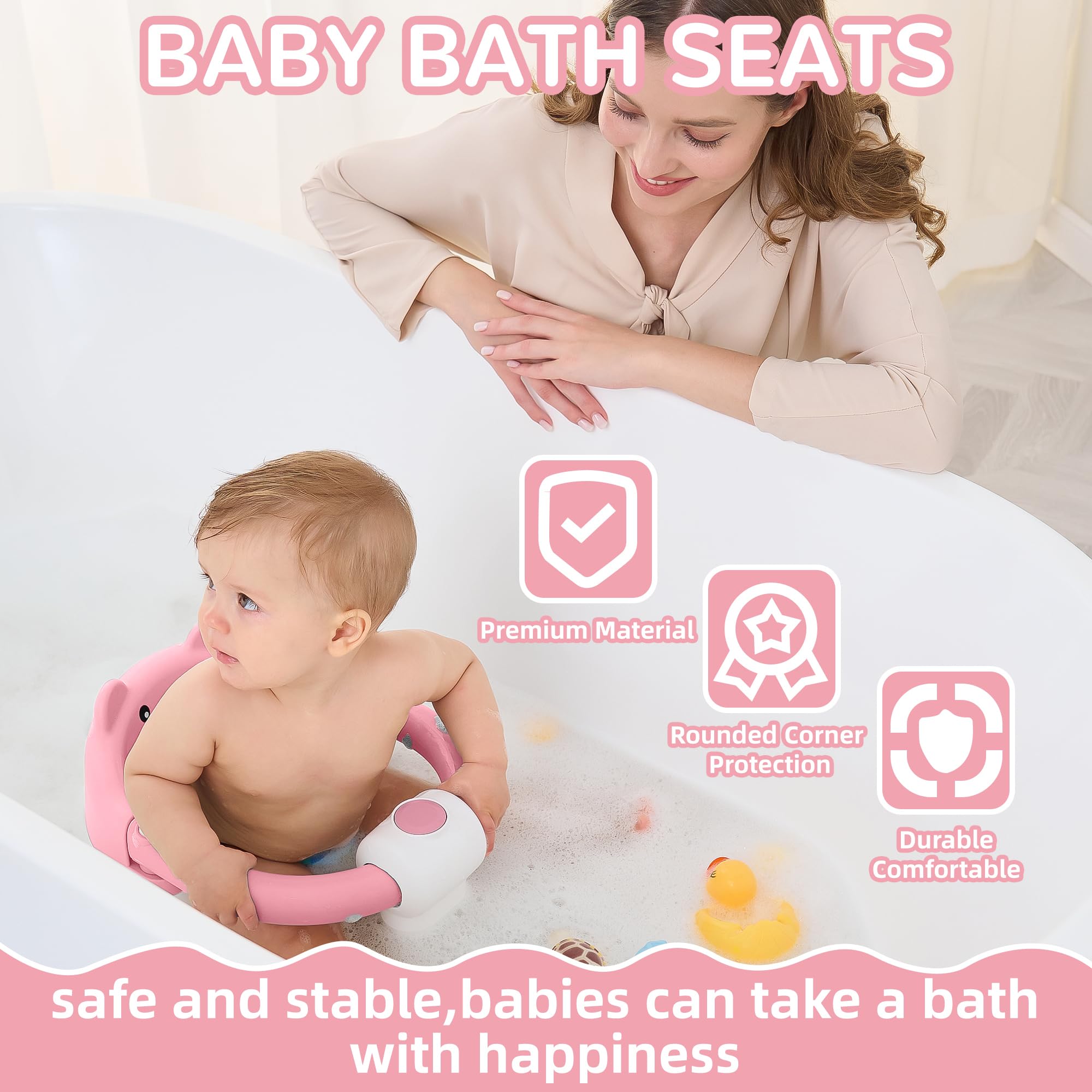 Non-Slip Baby Bath Seat for Infants 6-24 Months | Safe Toddler Bathtub Chair with 4 Suction Cups & Soft Cushion | Newborn Bathing Support for Sitting Up | Shower & Bath Time Safety Essential (Pink) - Perfect for Secure Bathing at Home or Travel