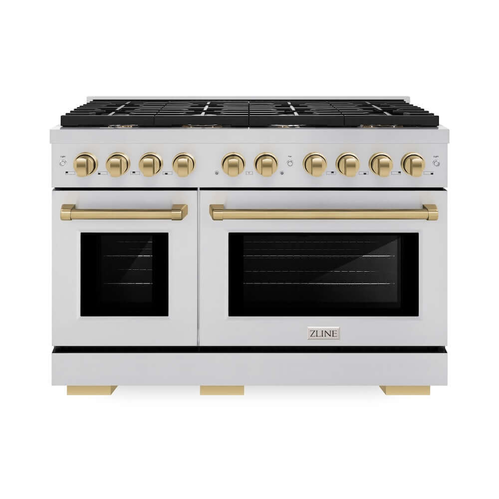 ZLINE Autograph Edition 48-inch 6.7 cu. ft. Paramount Double Oven Gas Range with 8 Burner Cooktop - Stainless Steel & Champagne Bronze Accents (SGRZ 48 CB) | Professional Kitchen Appliance for Home Chefs & Entertaining