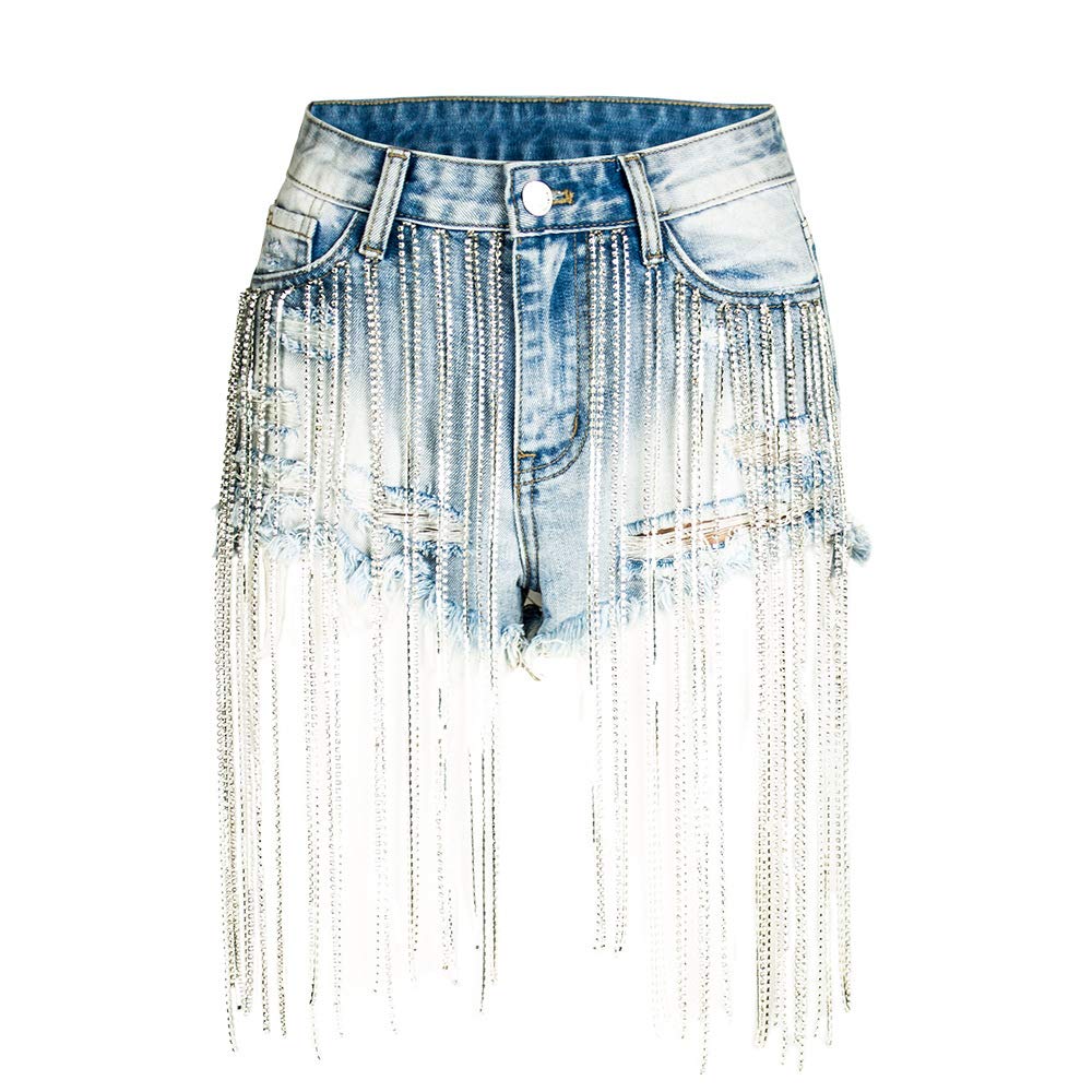 COMLIFE Women's Summer Denim Shorts - Tassel Fringe Wide Leg Rhinestone Embellished Sexy High Waist Jeans for Beach, Party & Casual Outfits
