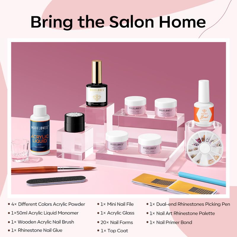 Modelones 14pcs Acrylic Nail Kit with Pink Acrylic Powder, Liquid Monomer, Nail Brush, Gel Glue & Top Coat - Professional Nail Extension Starter Set for Beginners | DIY Salon Manicure at Home, Party & Wedding Nail Art