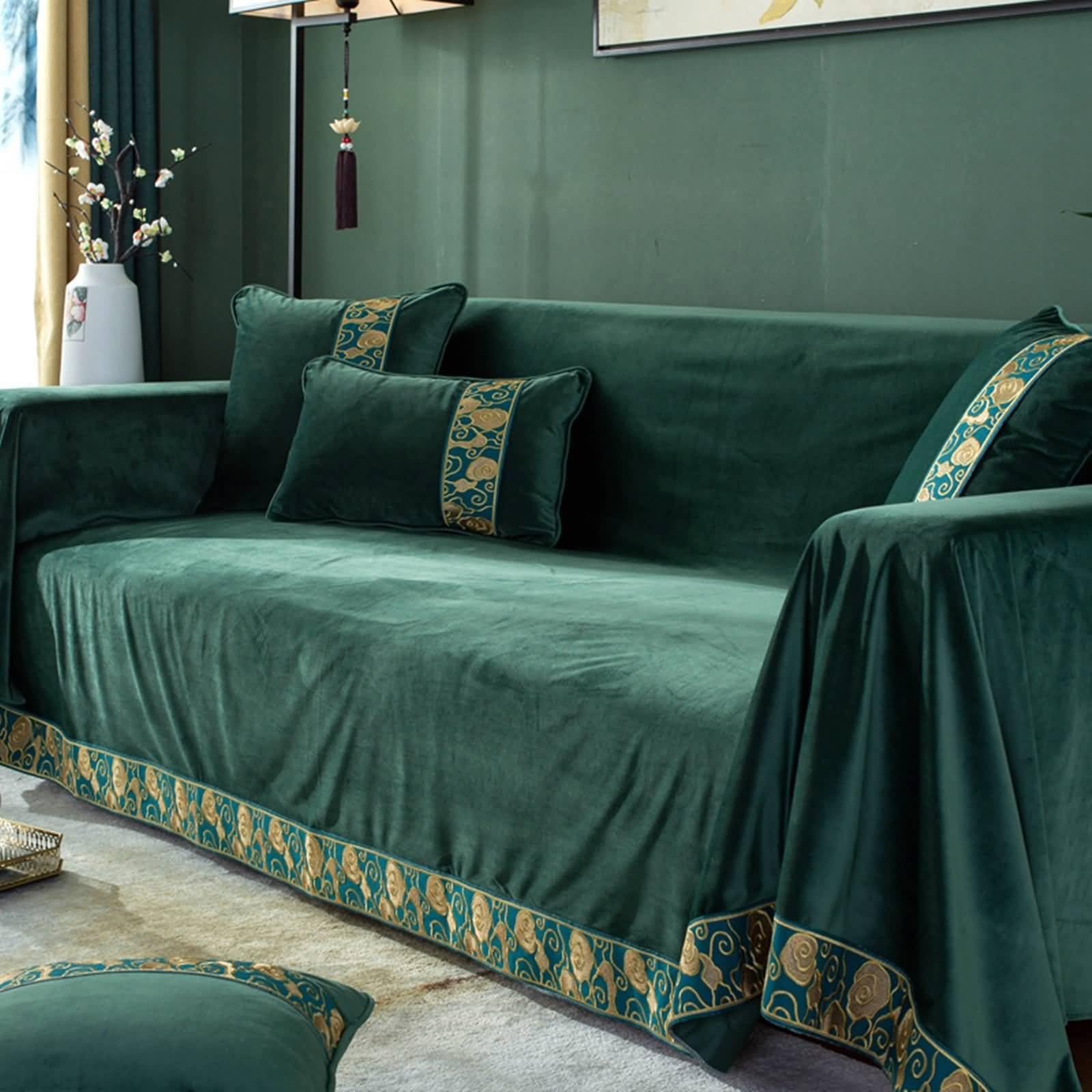Daesar Plush Sofa Cover 4-Seater, Vintage Solid Color with Clouds Pattern - Couch Cover & Throw Blanket for Bedspreads, Armchairs, Furniture (190x380cm, Dark Green) - Perfect for Living Room, Bedroom & Home Decor
