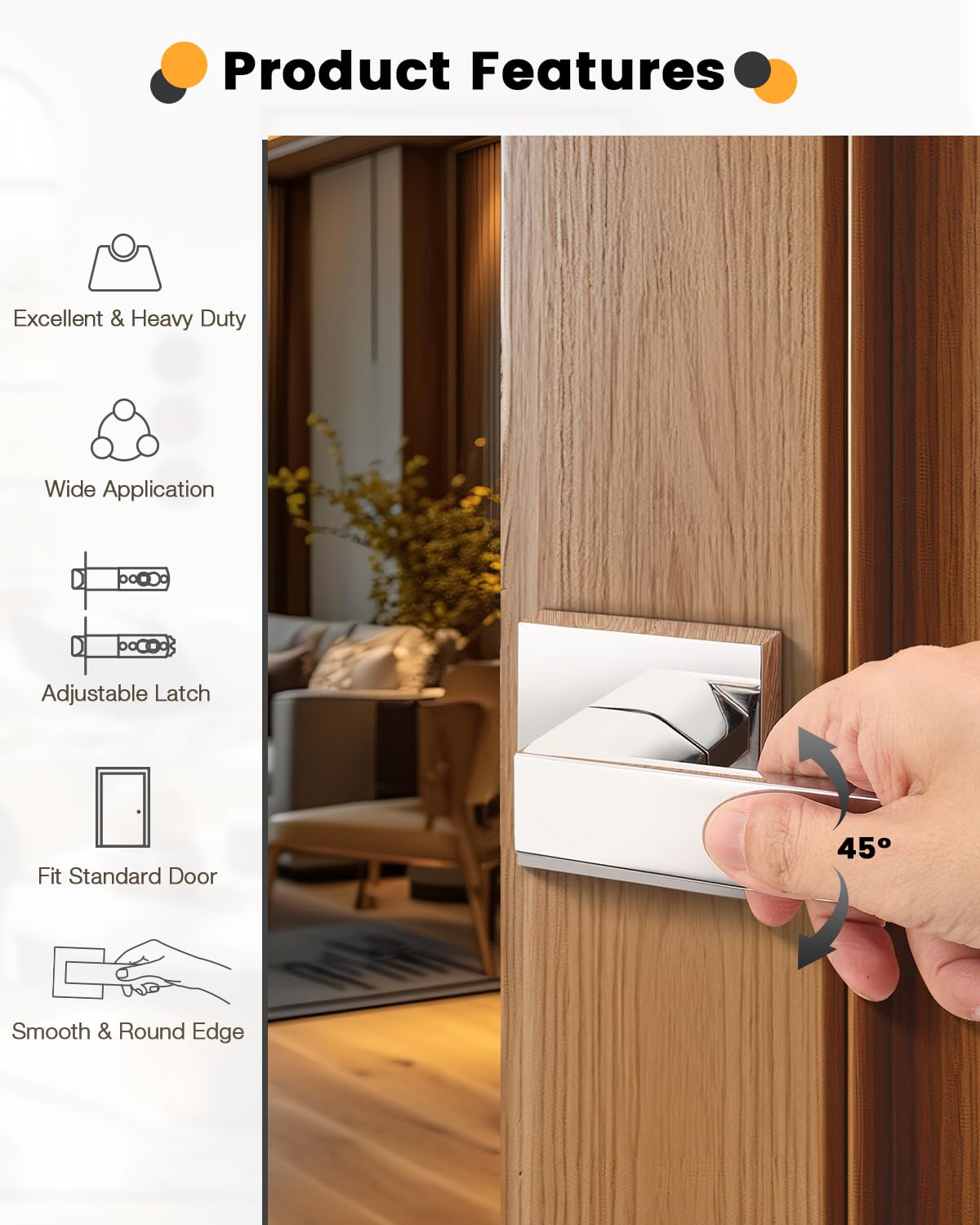Gobrico 4 Pack Square Closet & Hall Door Levers - Bright Chrome Passage Door Locks - Interior Door Handles Hardware for Bedroom, Bathroom & Office Doors
