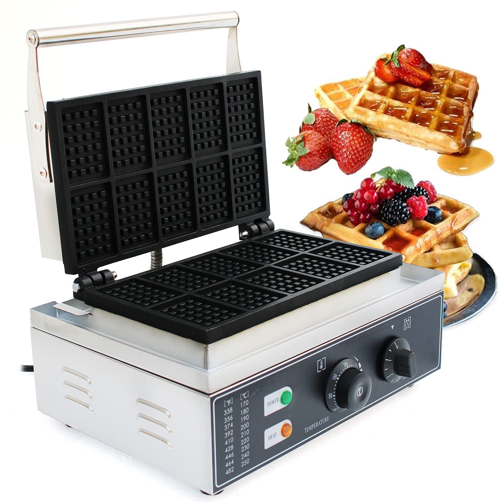 110V Commercial Waffle Maker - 10 Slice Nonstick Electric Waffle Iron 1500W for Waffles, Pancakes, Hash Browns - Perfect for Breakfast, Lunch & Snacks in Restaurants, Cafes or Home Kitchen