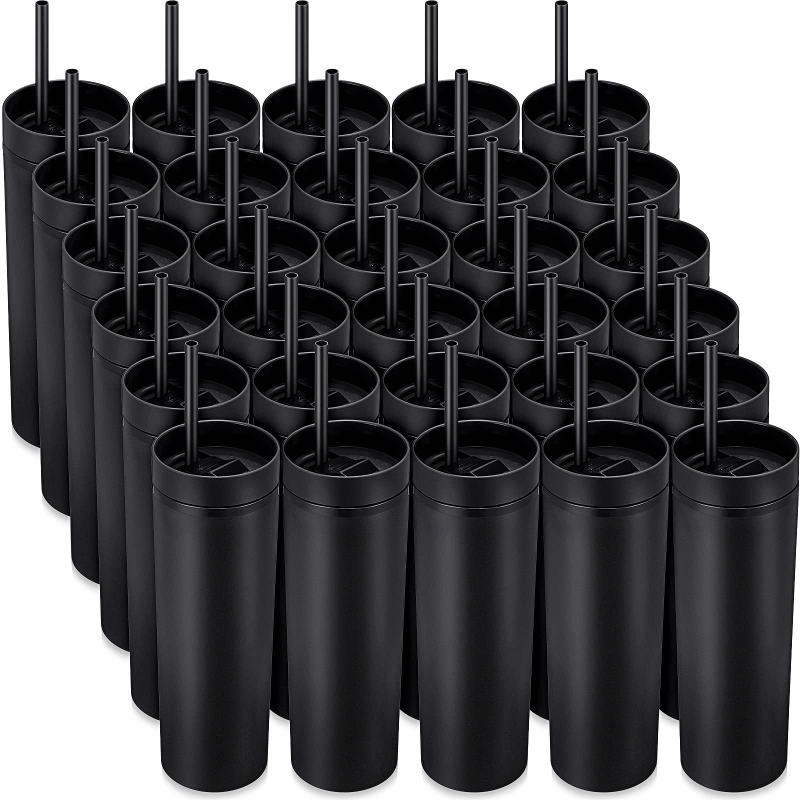 30 Pack 16oz Matte Black Skinny Tumbler Cups with Lids & Straws - Insulated Double Wall Acrylic Plastic Reusable Drinkware - Customizable DIY Vinyl Tumblers for Parties, Birthdays, Office, Bridal Showers & Home Use - Perfect for Coffee, Iced Tea and Smoothies