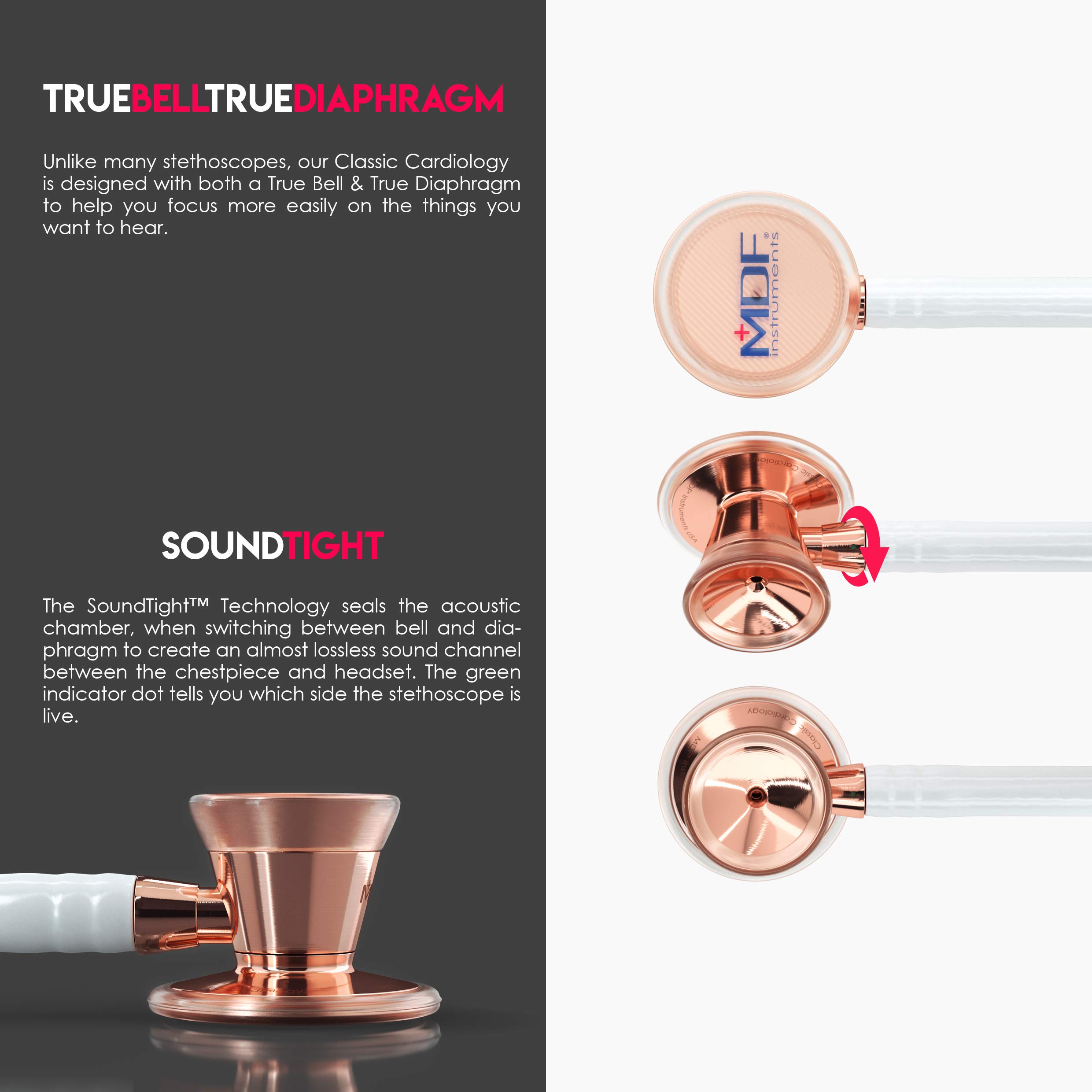 MDF ProCardial Cardiology Stethoscope - Rose Gold & Stainless Steel Dual Head Adult Stethoscope with White Tube | Perfect for Doctors, Nurses & Medical Students | Clinical Use & Professional Healthcare