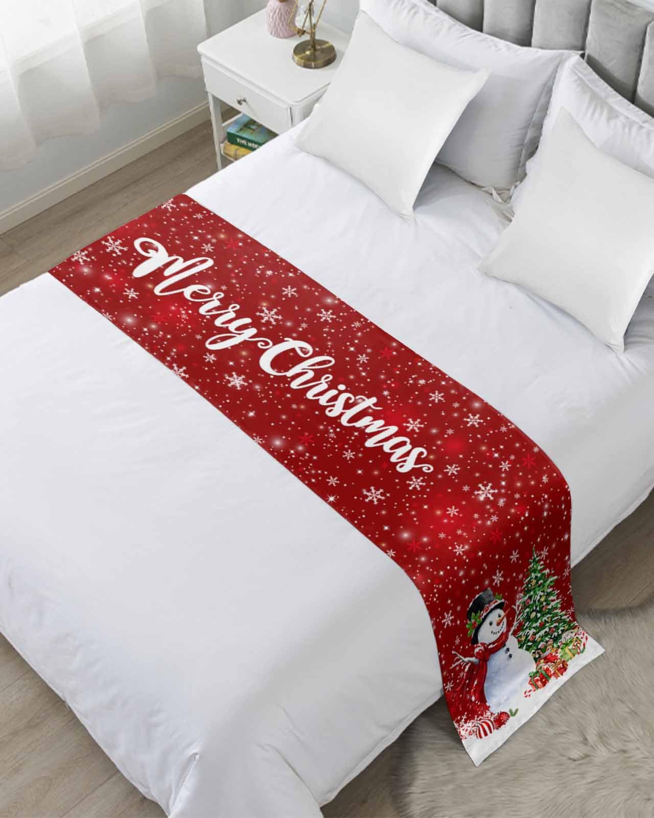 Snowman Red Christmas Bed Runner for Queen Size Bed - Festive Holiday Bed Throw with Xmas Tree Balls & Snowflake Design - Perfect for Bedroom Decor, Sofa Cover, and Foot of Bed Protection During Winter Celebrations