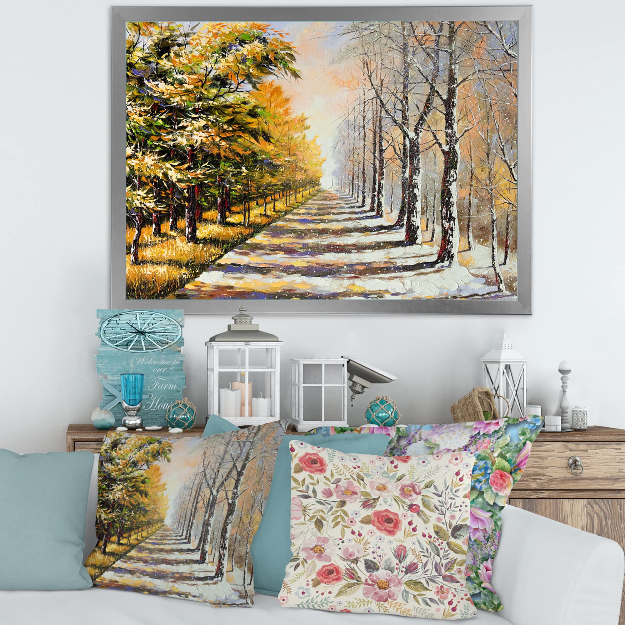 Traditional Framed Wall Art - Winter and Autumn Allegory Painting for Home & Office Decor | Seasonal Landscape Artwork