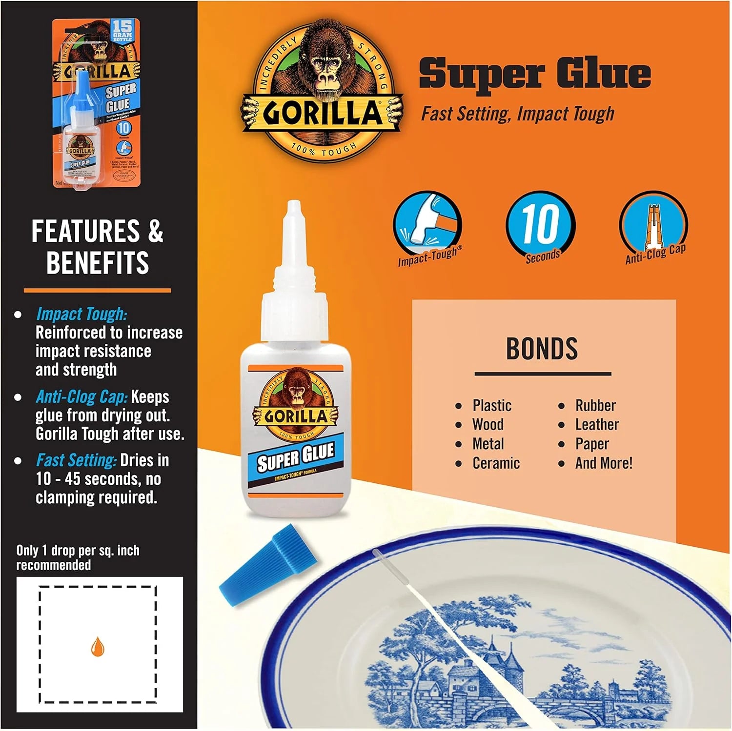 Gorilla Super Glue 15 Gram Tube - Fast Drying in 10-45 Seconds | Strong Bond for Home Repairs, Crafts & DIY Projects